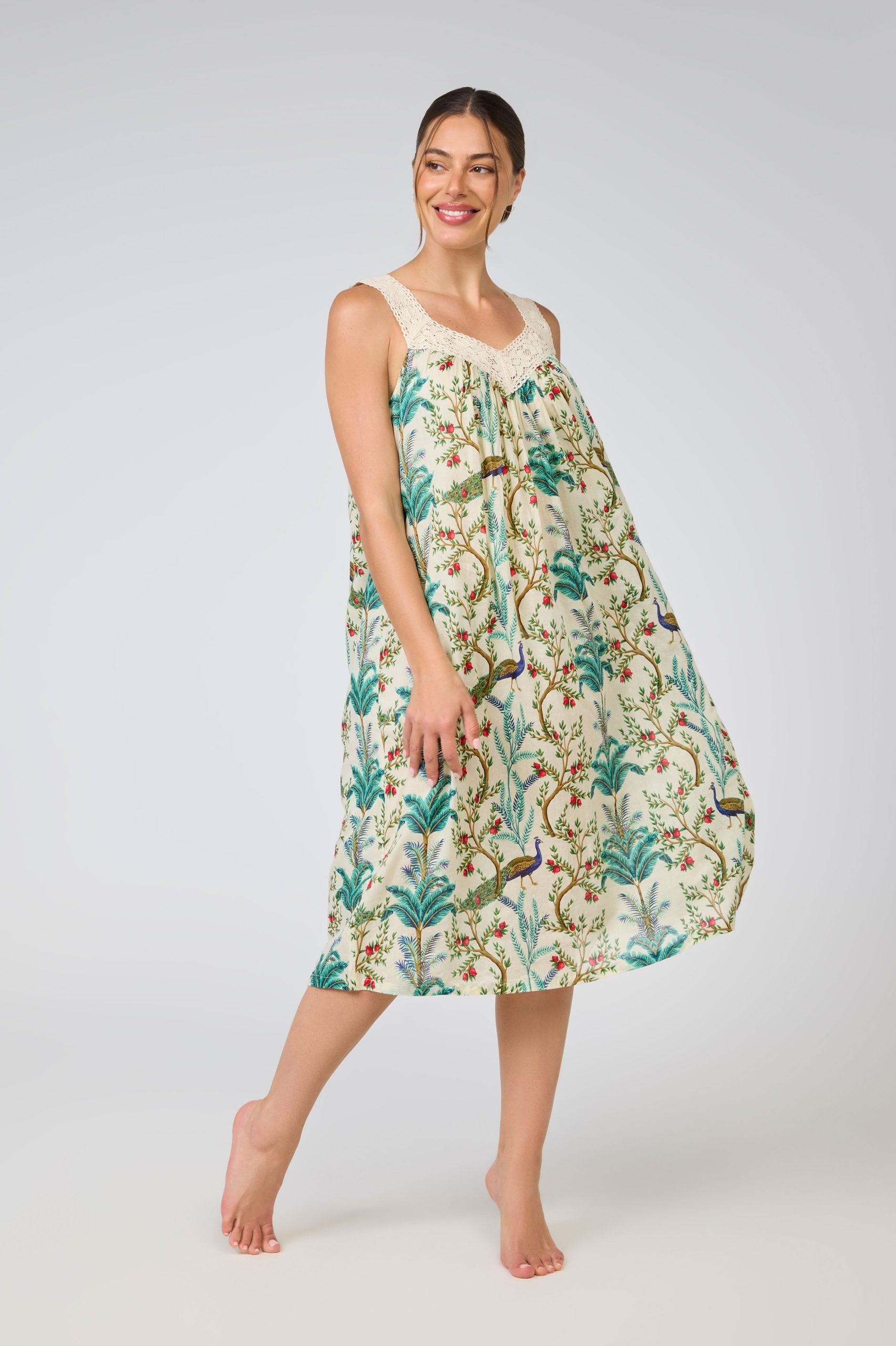 Hand Block Printed V Neck Nightie laced - Peacock