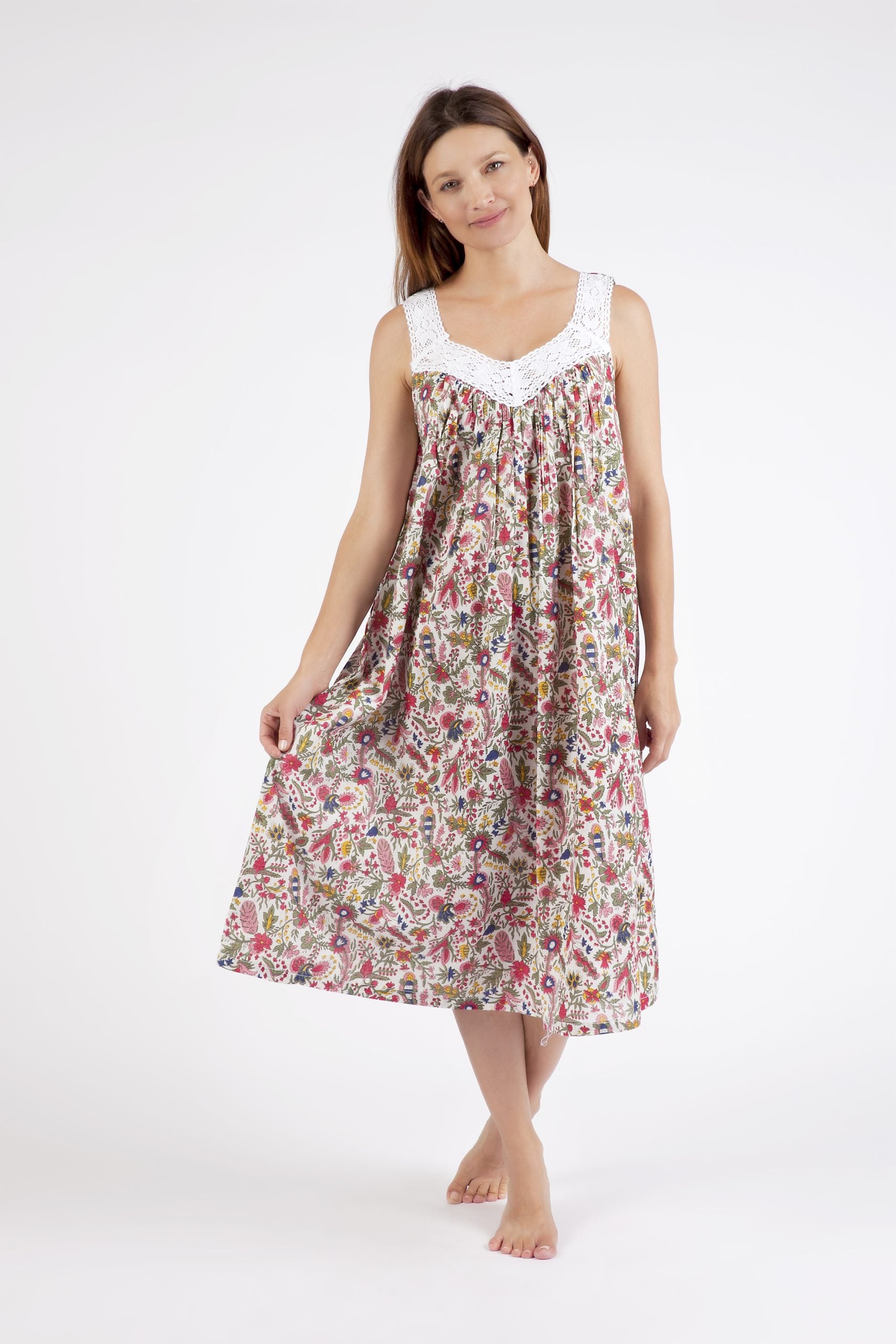 Hand Block Printed V Neck Nightie laced - Pink/Red Floral