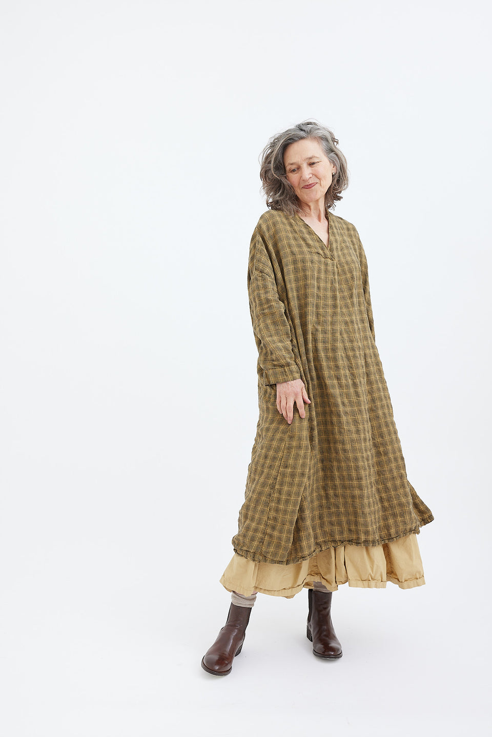 Ottilie V-neck dress textured Check Citrine