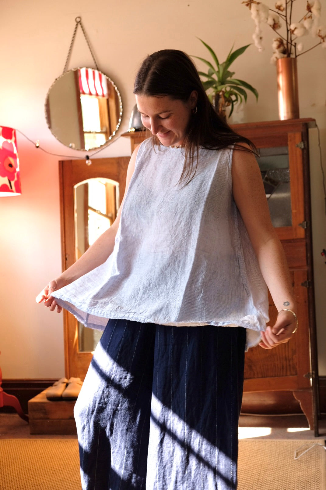 Gia Top - Linen Blue Pin Stripe