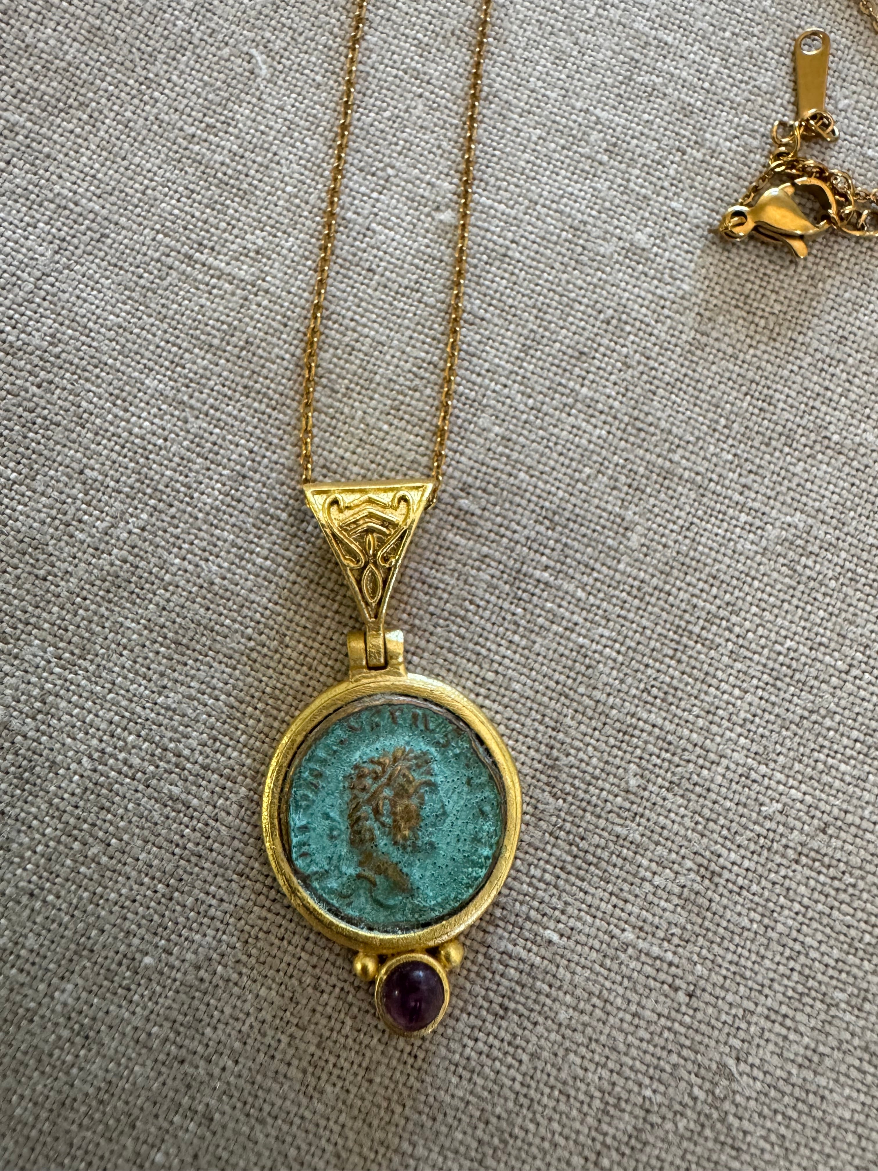 Roman Coin Gilded Bronze Pendant with Amethyst