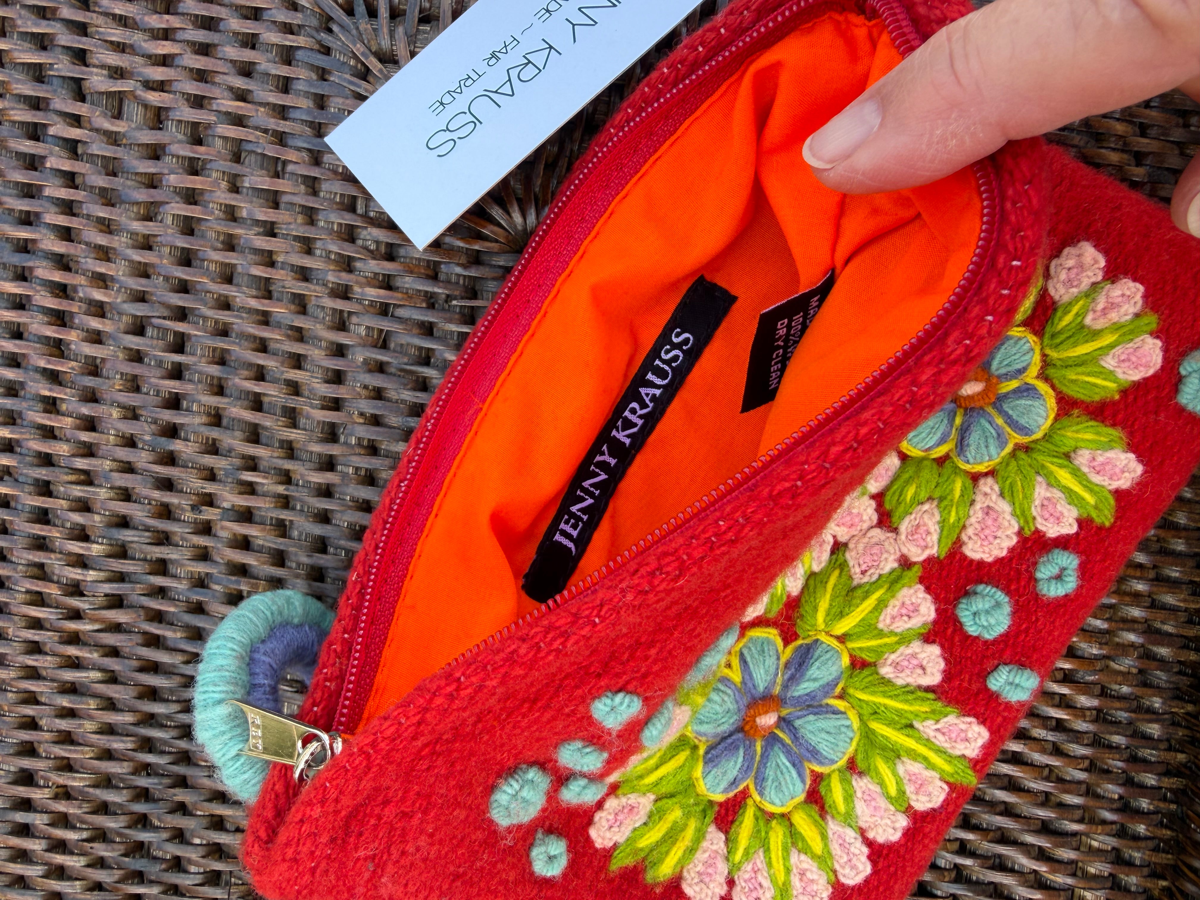 red floral embroidered wool clutch