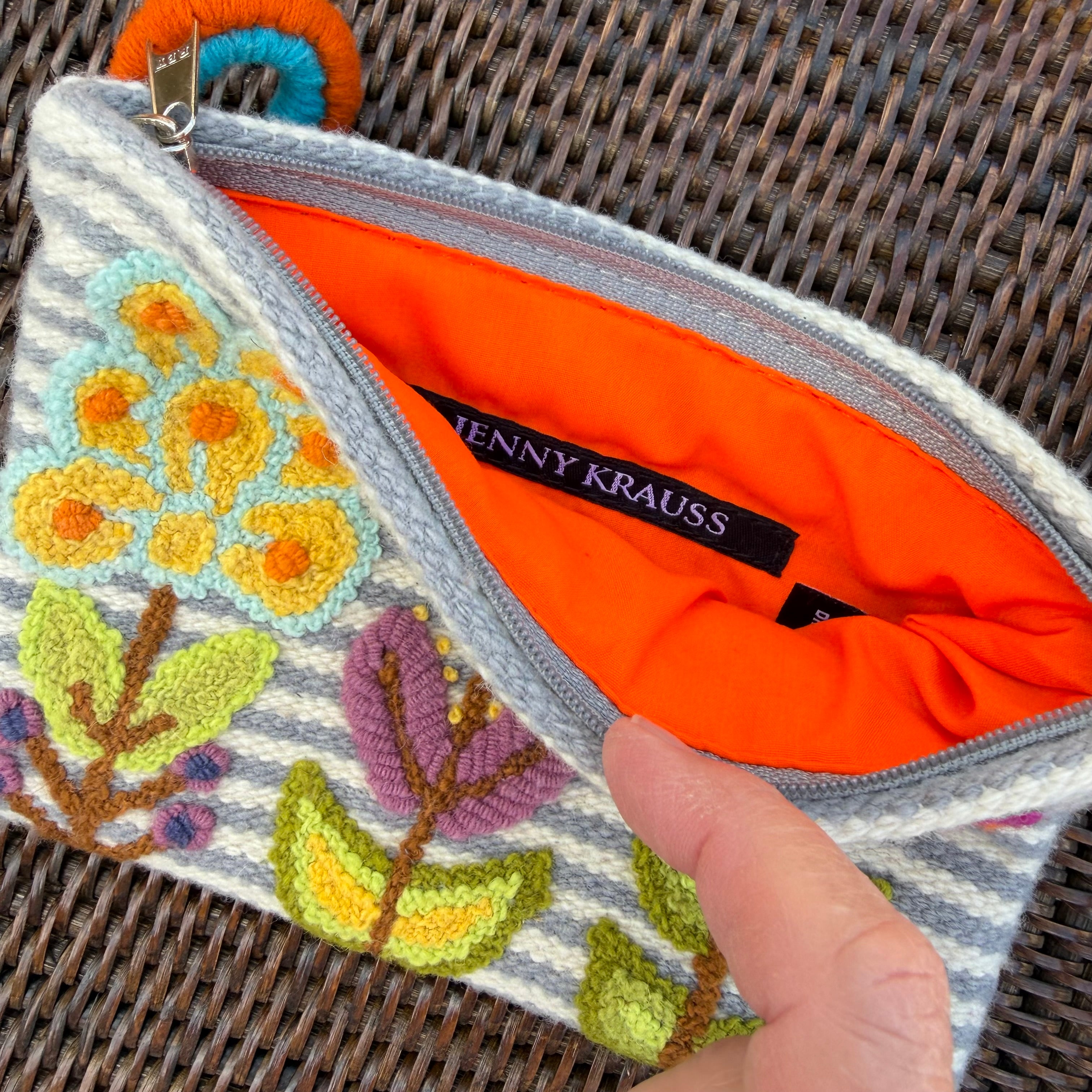 striped floral embroidered wool clutch