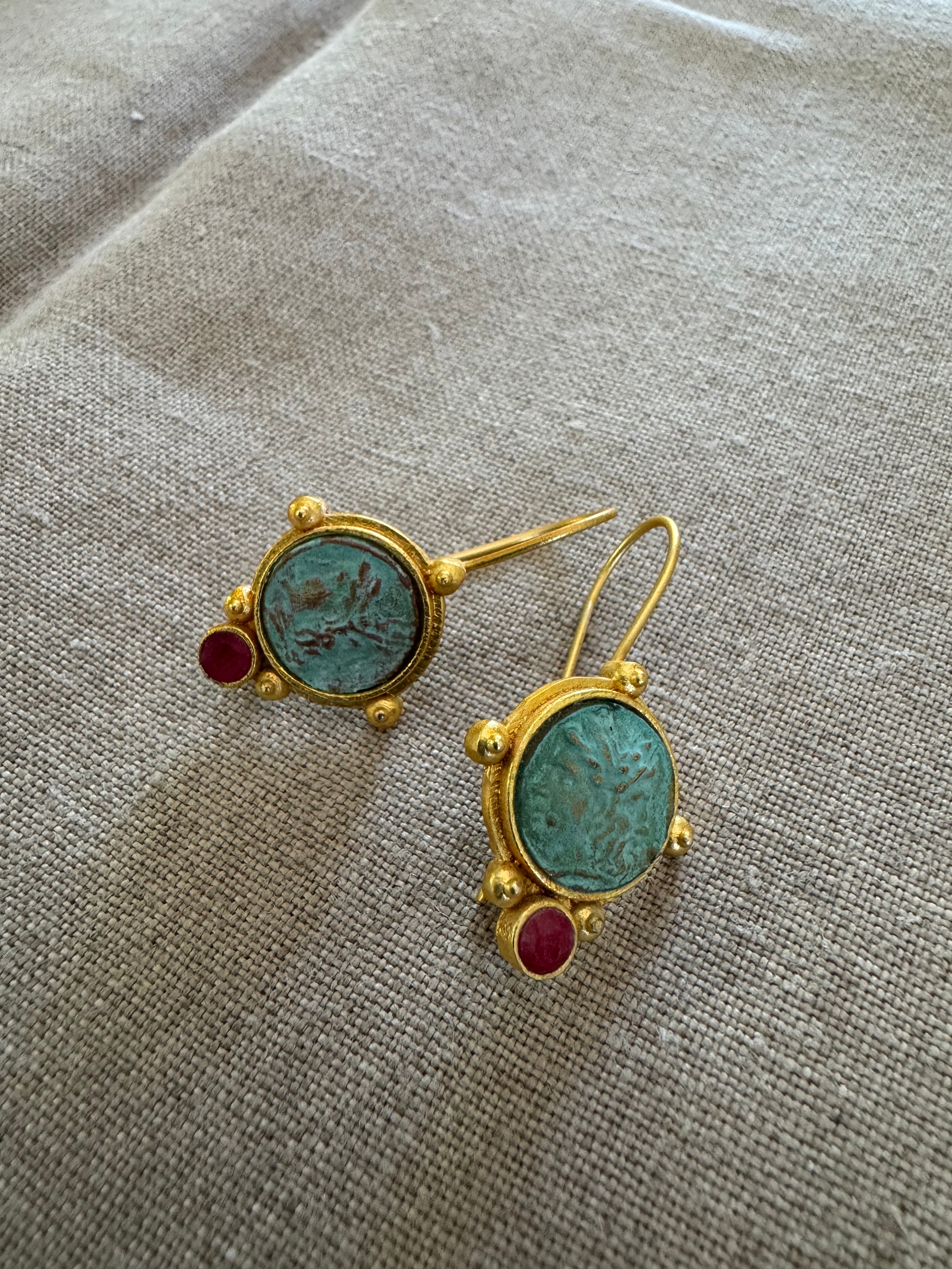Roman Coin Gilded Bronze Earrings with Garnet