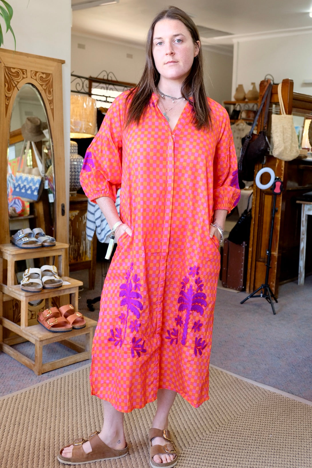 Fiesta embroidered orange gingham dress