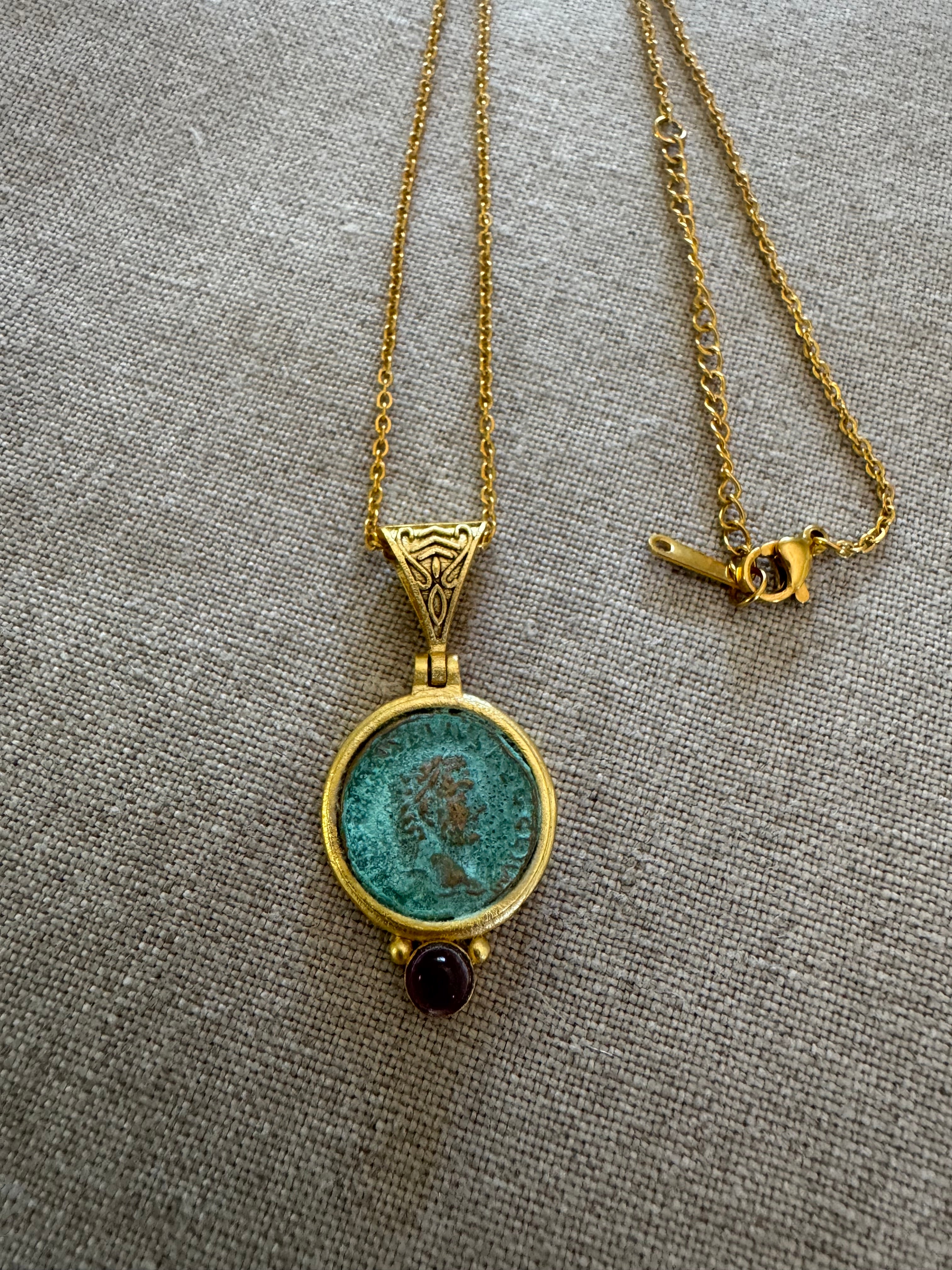 Roman Coin Gilded Bronze Pendant with Amethyst