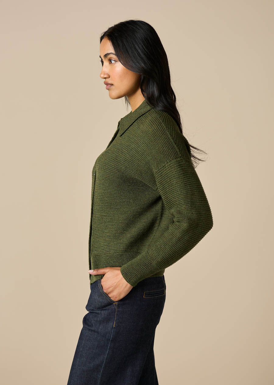 Pearl Merino Wool Cardigan with collar -  moss
