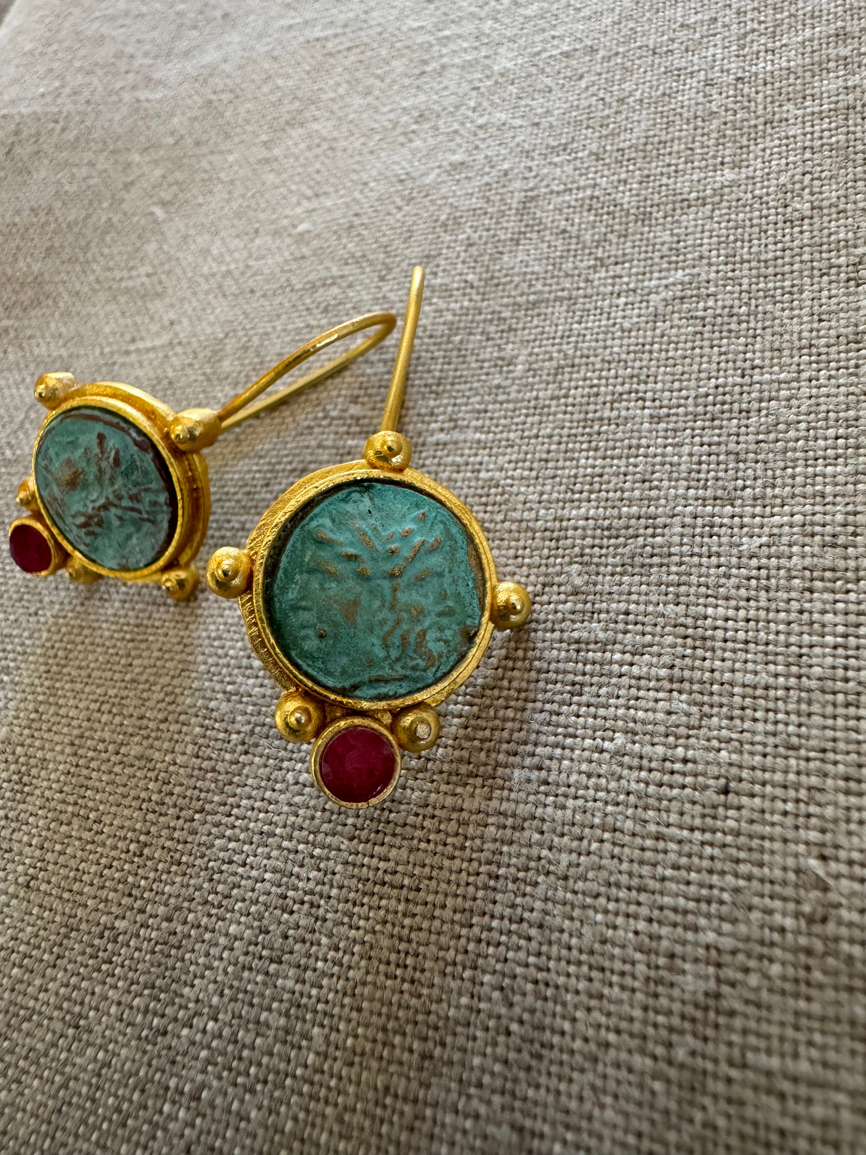 Roman Coin Gilded Bronze Earrings with Garnet