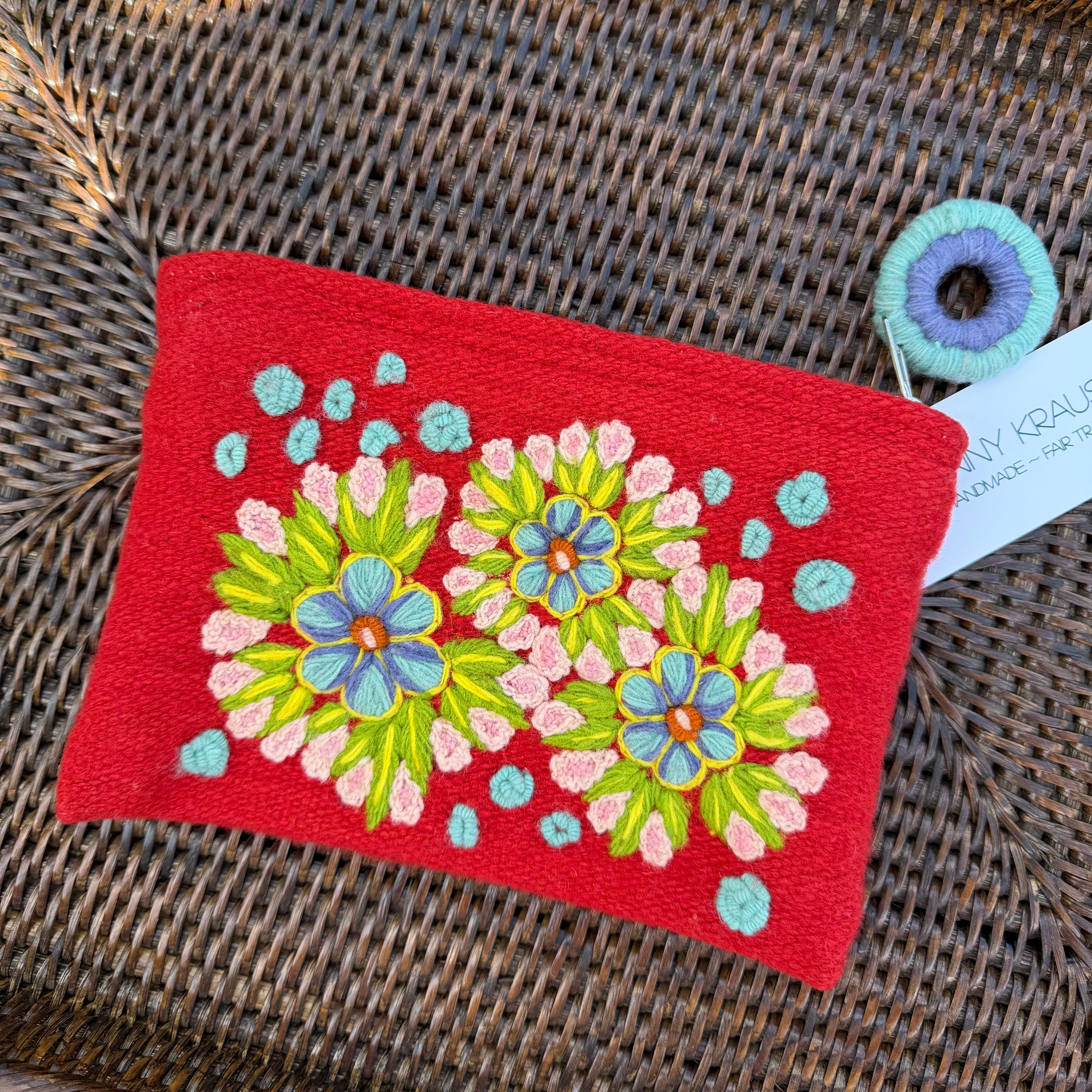 red floral embroidered wool clutch