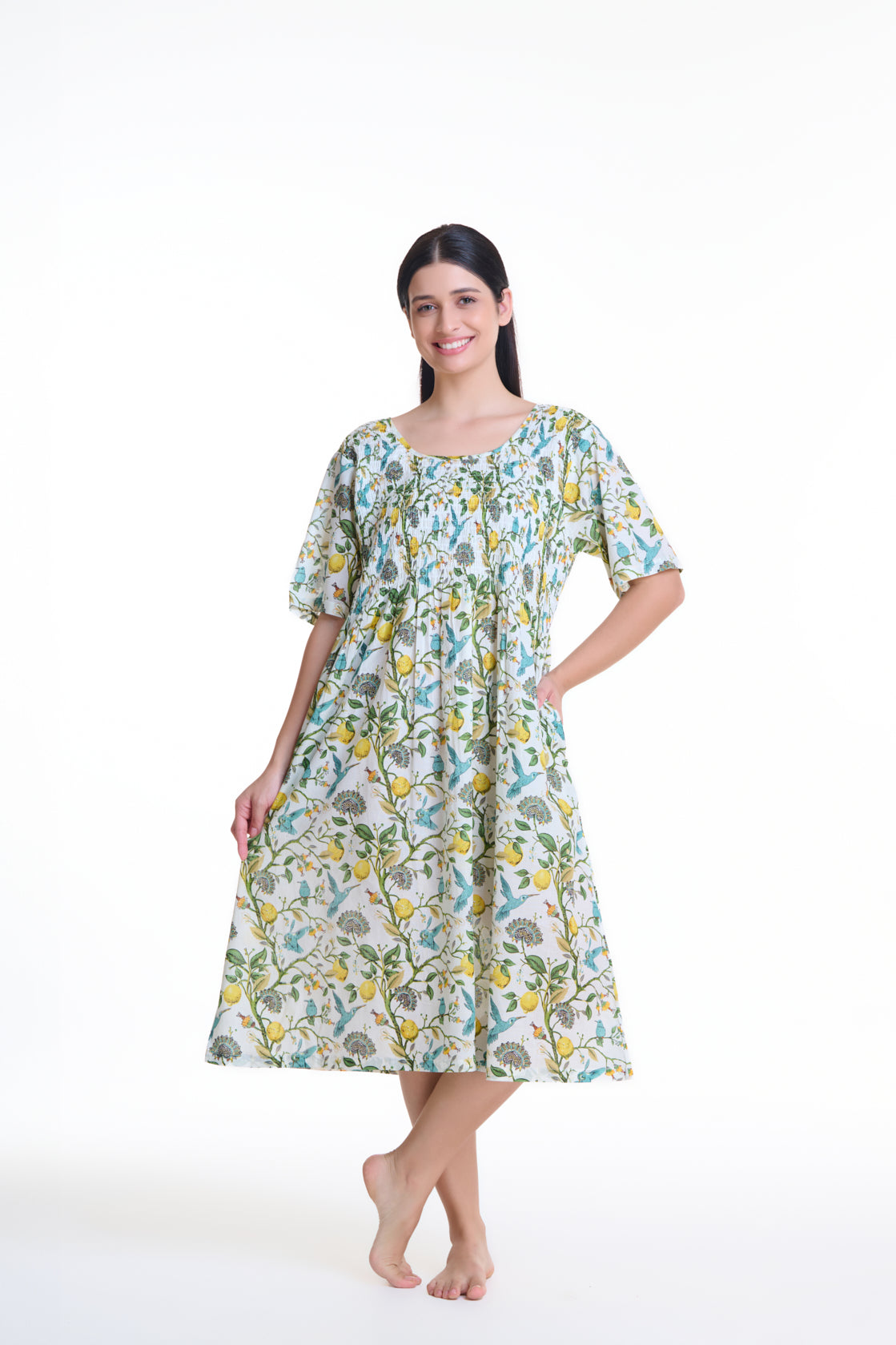 Hand Block Printed Shirred Nightie - Lemons and Blue Bird