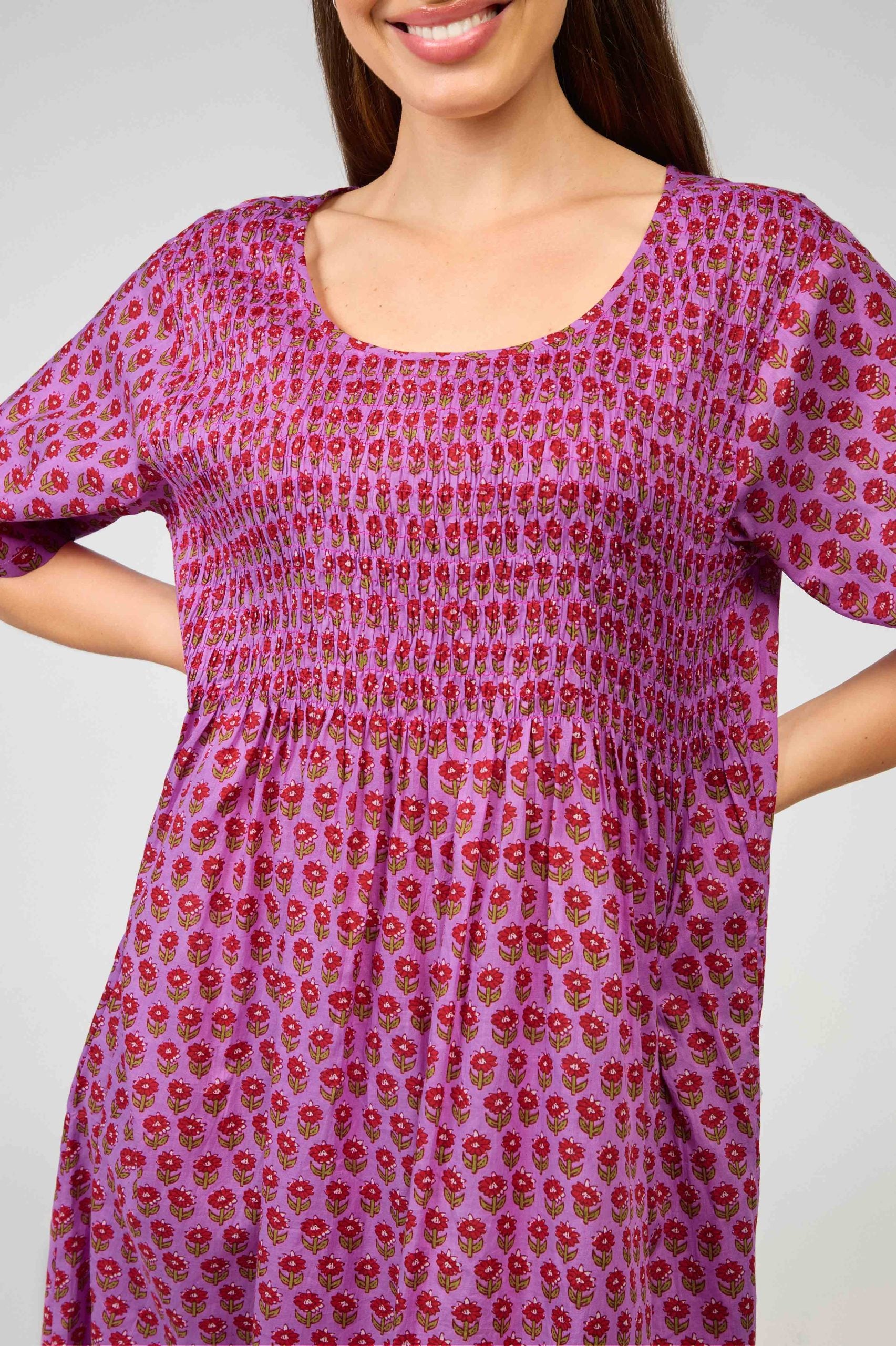 Hand Block Printed Shirred Nightie - Purple/Red Flower
