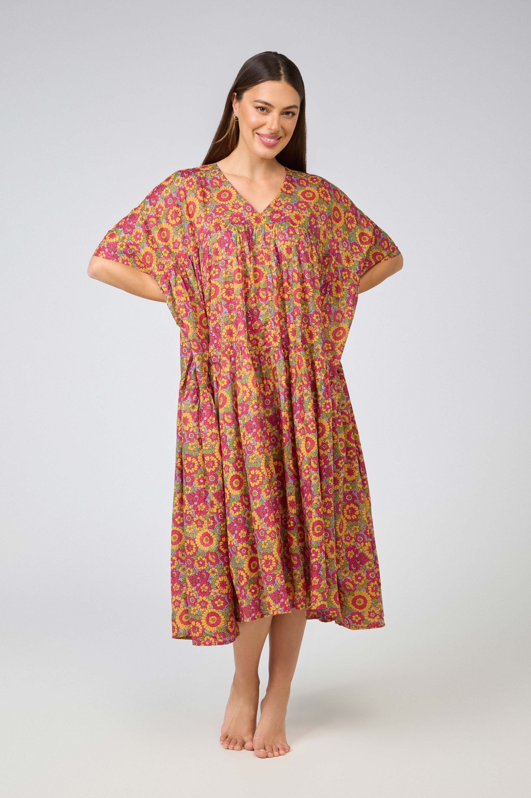 Hand Block Printed one size nightie/dress - yellow/red flower