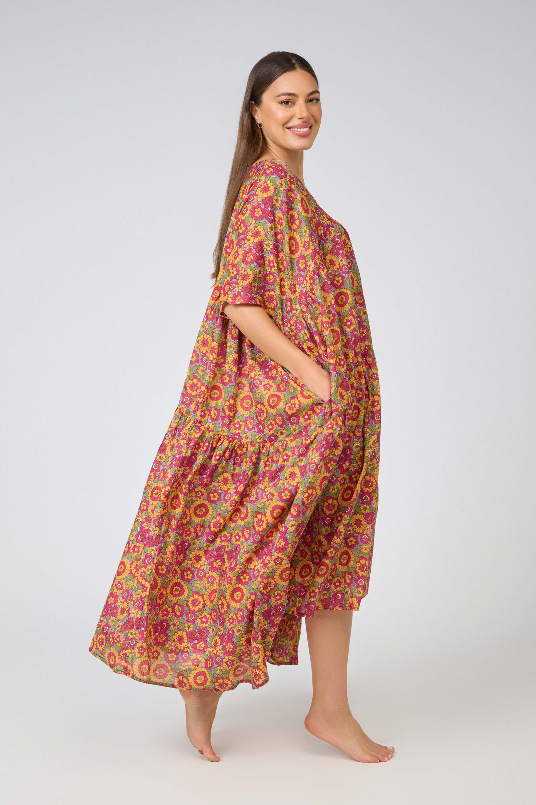 Hand Block Printed one size nightie/dress - yellow/red flower