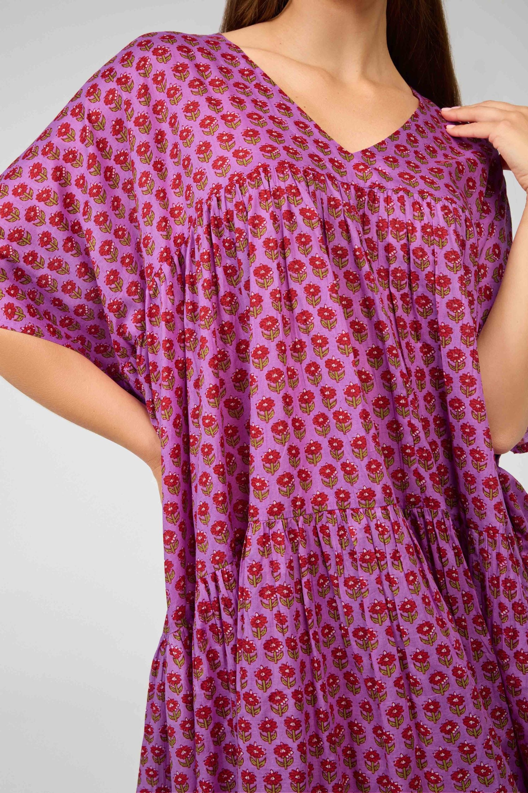 Hand Block Printed one size nightie/dress - purple/red flower