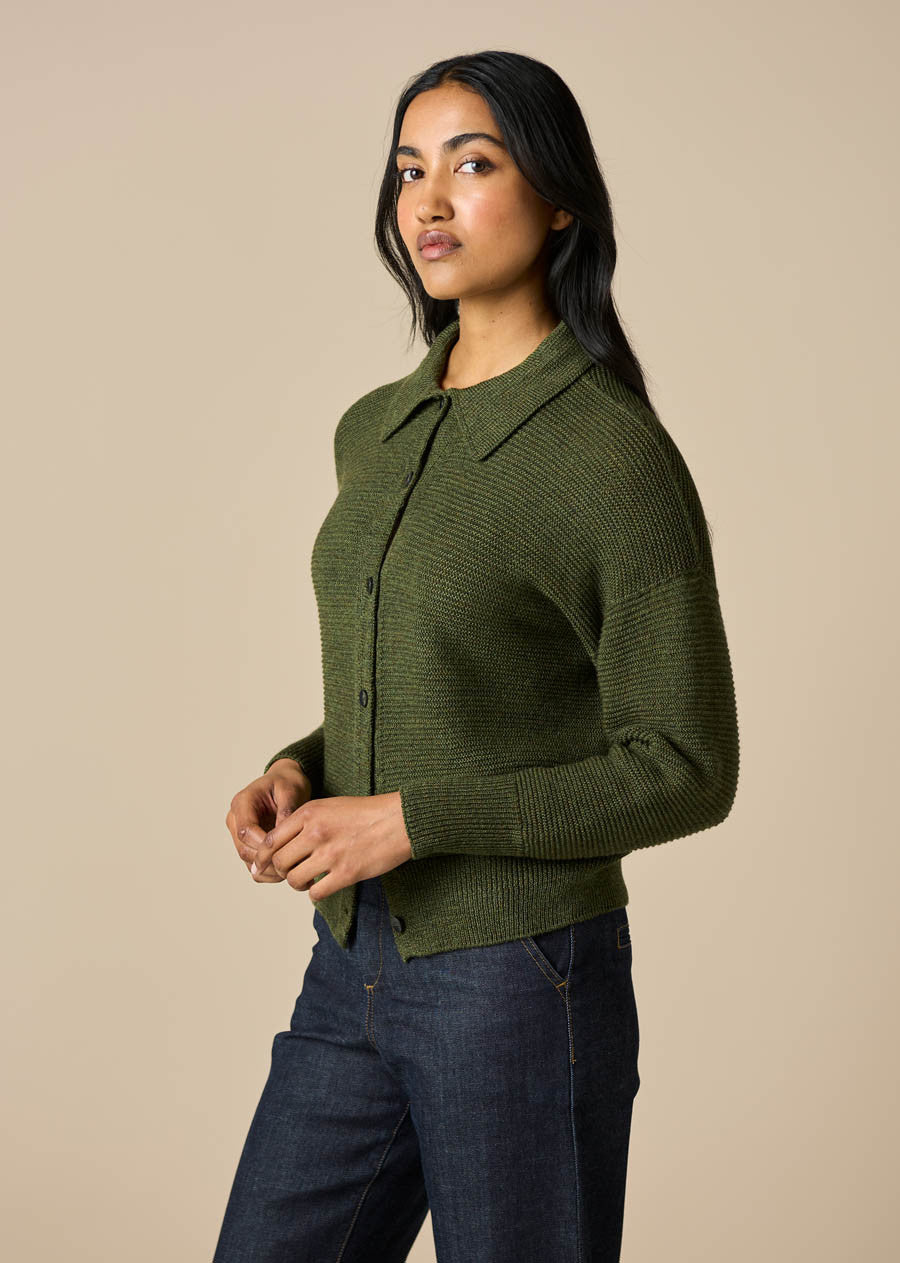 Pearl Merino Wool Cardigan with collar -  moss