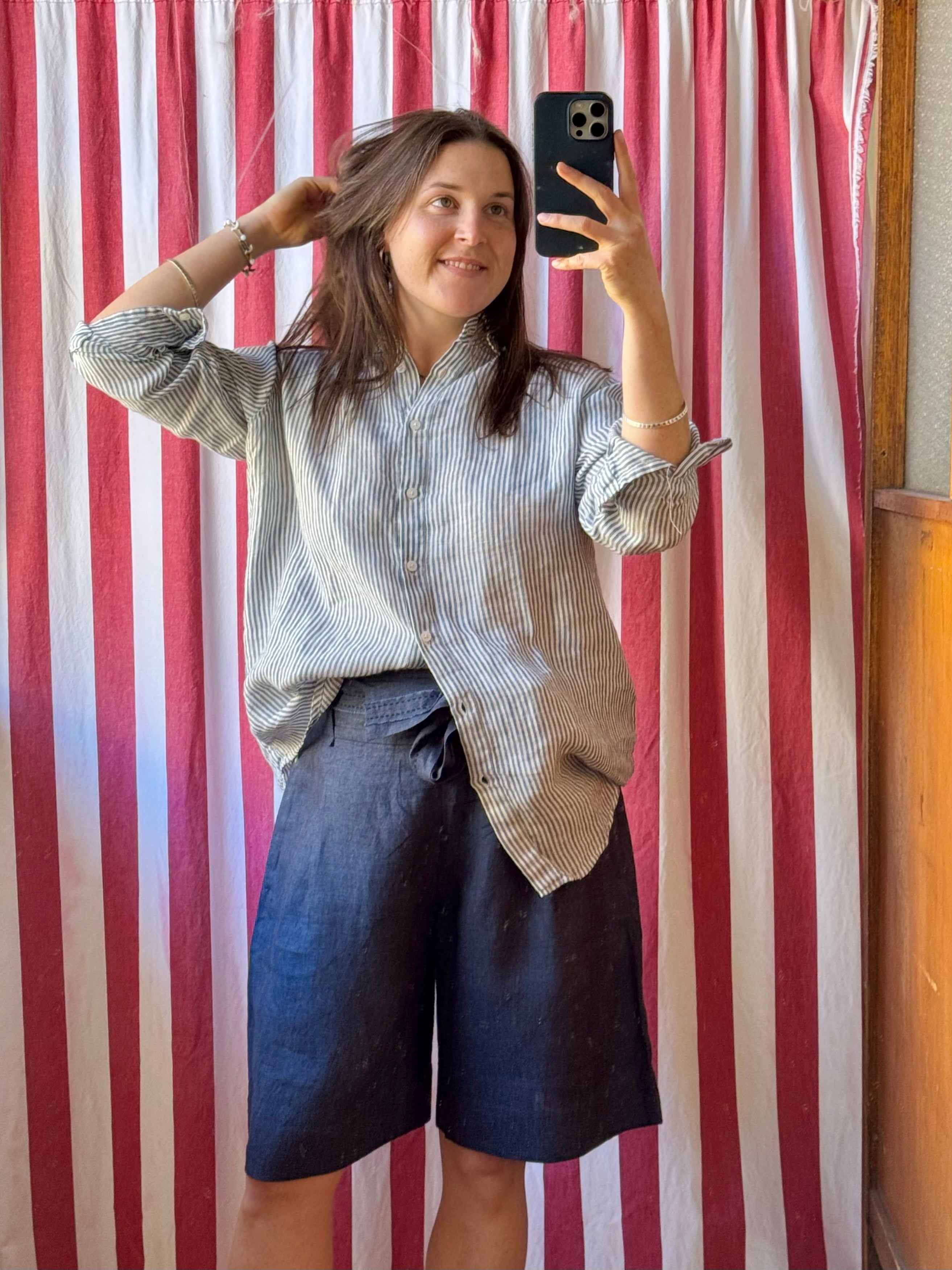 Belted Mata Linen Short - Navy/Black Cross Dye