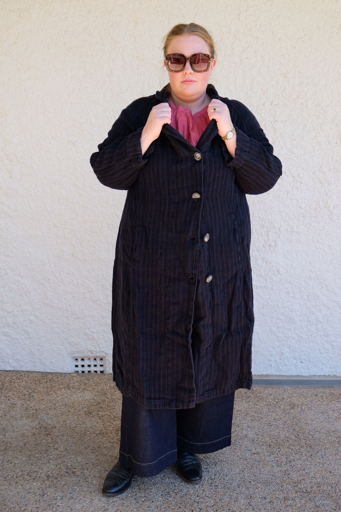 1915 Unisex Duster Jacket -  Twill Weave Linen Stripe - Navy