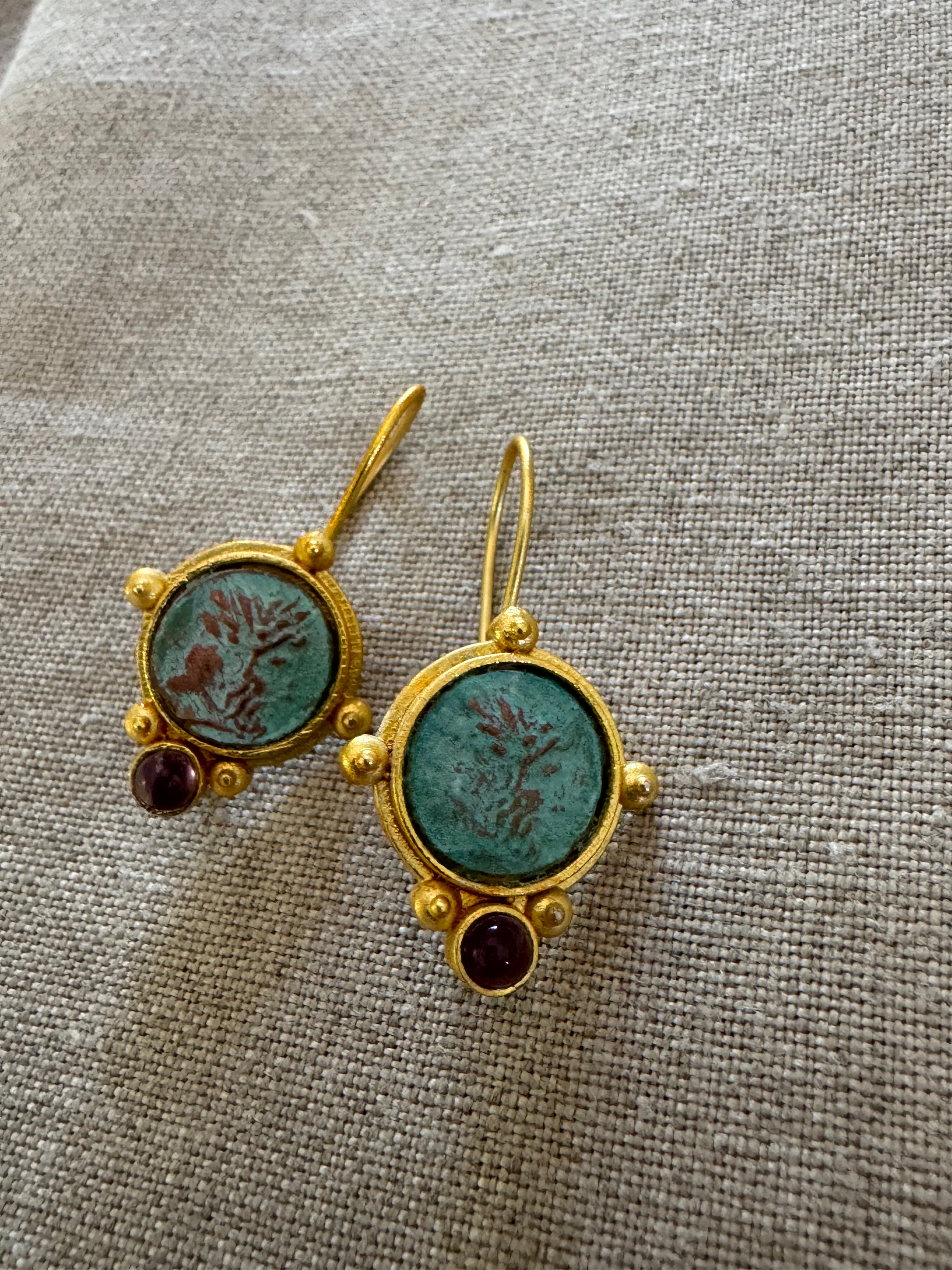 Roman Coin Gilded Bronze Earrings with Amethyst