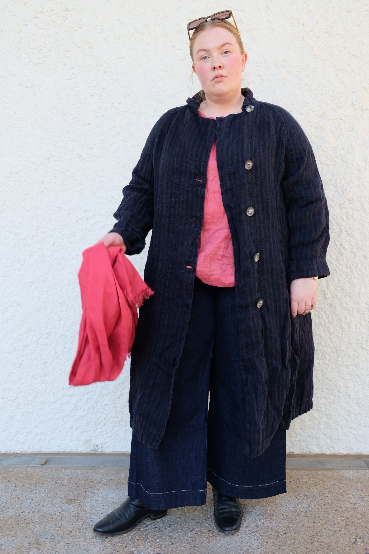1915 Unisex Duster Jacket -  Twill Weave Linen Stripe - Navy