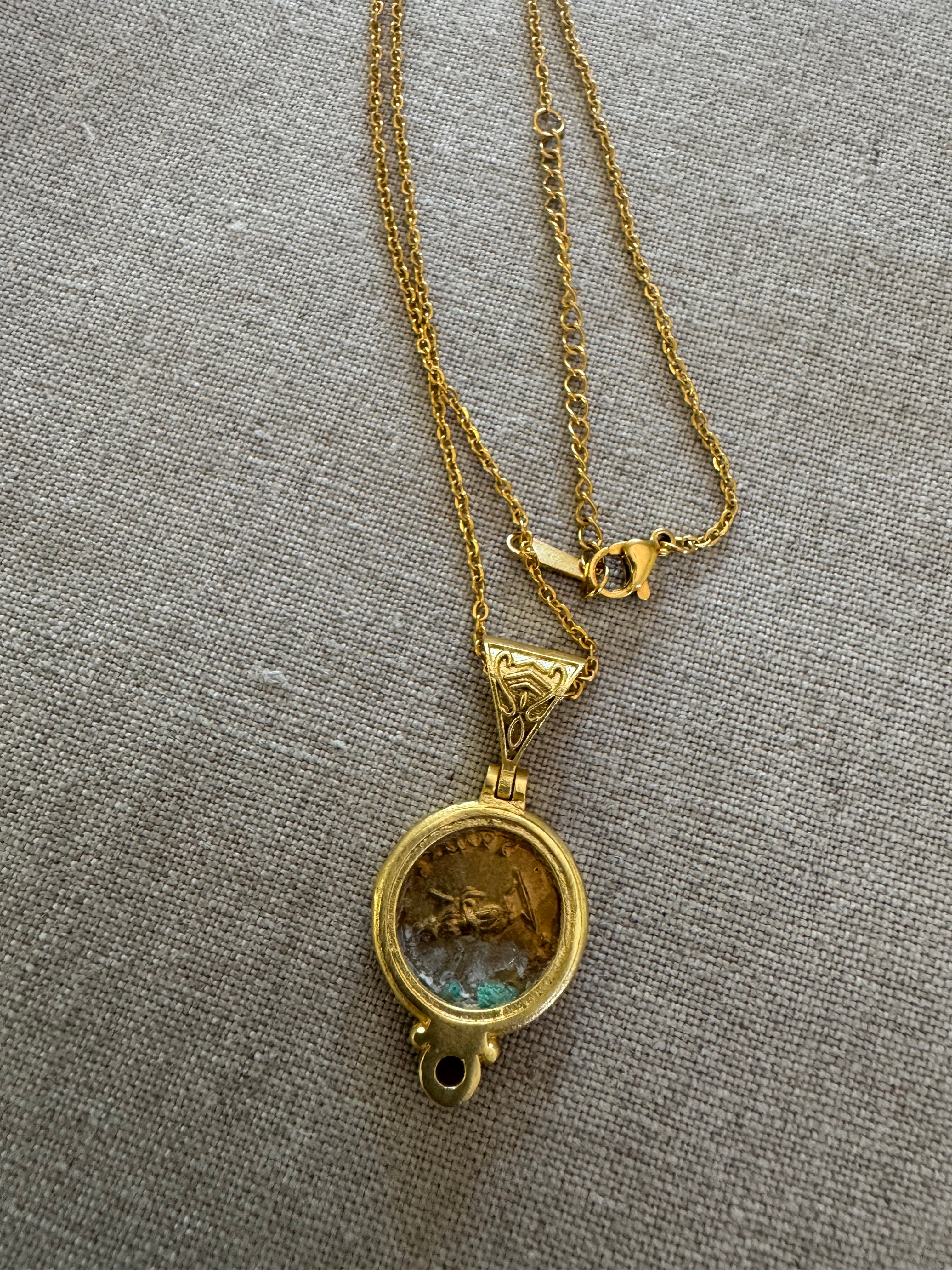 Roman Coin Gilded Bronze Pendant with Amethyst