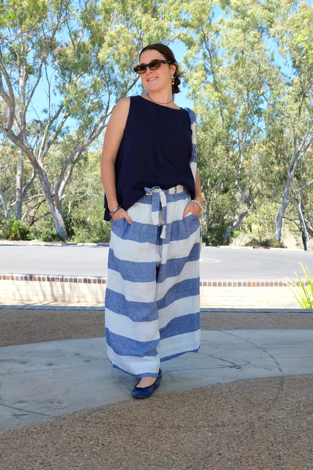 Harriet Trousers - Linen - blue stripe