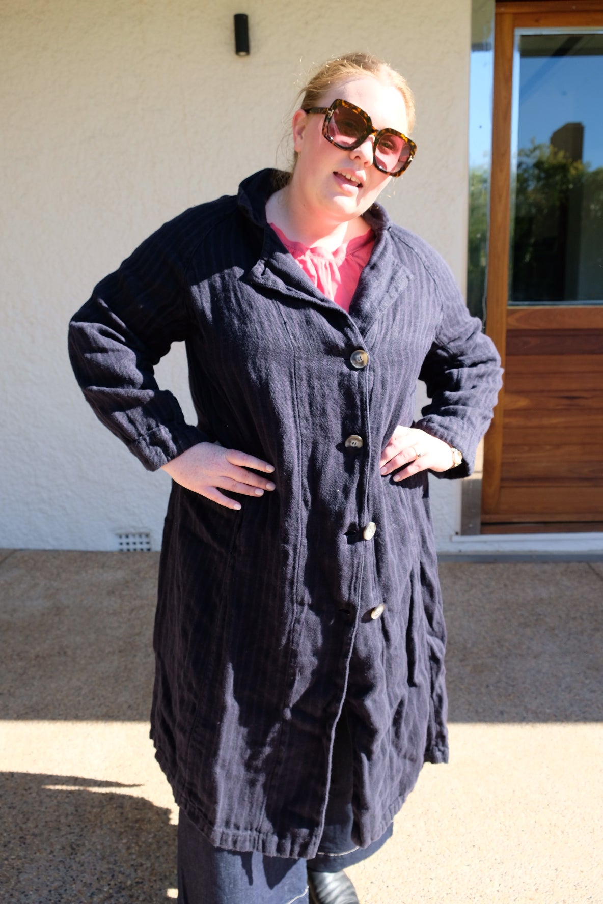 1915 Unisex Duster Jacket -  Twill Weave Linen Stripe - Navy