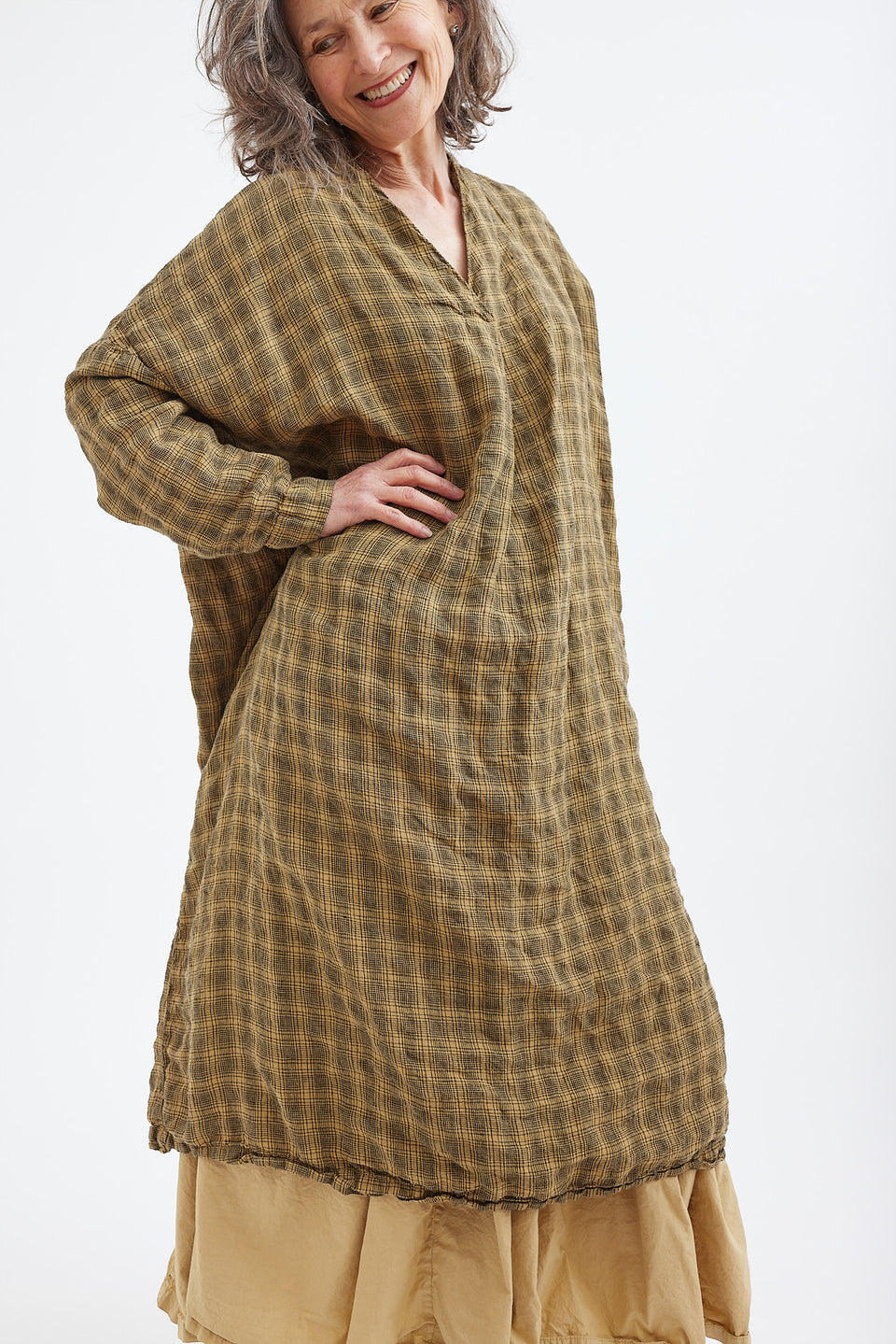 Ottilie V-neck dress textured Check Citrine