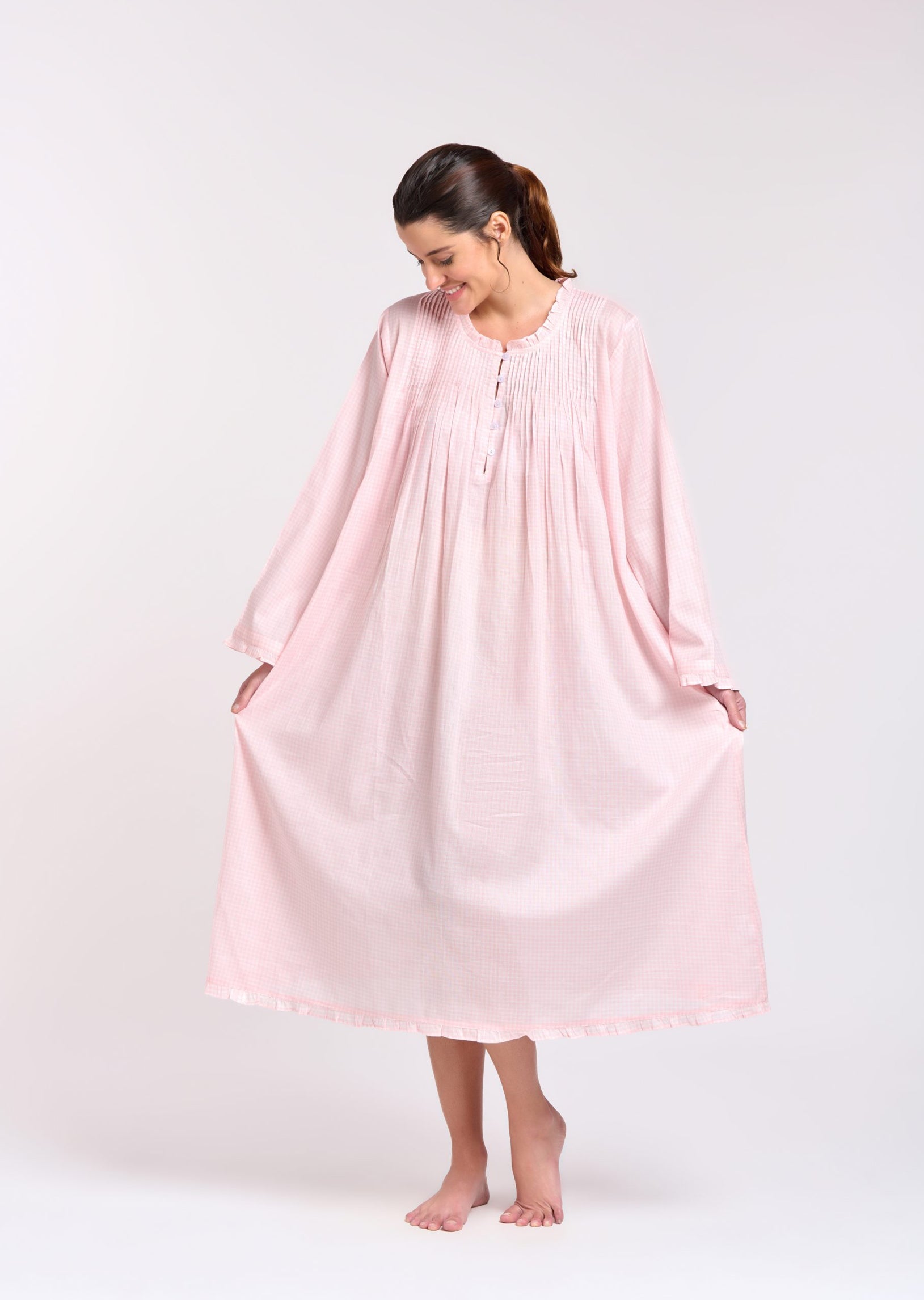 Long Sleeve Nightie - Soft Pink Gingham