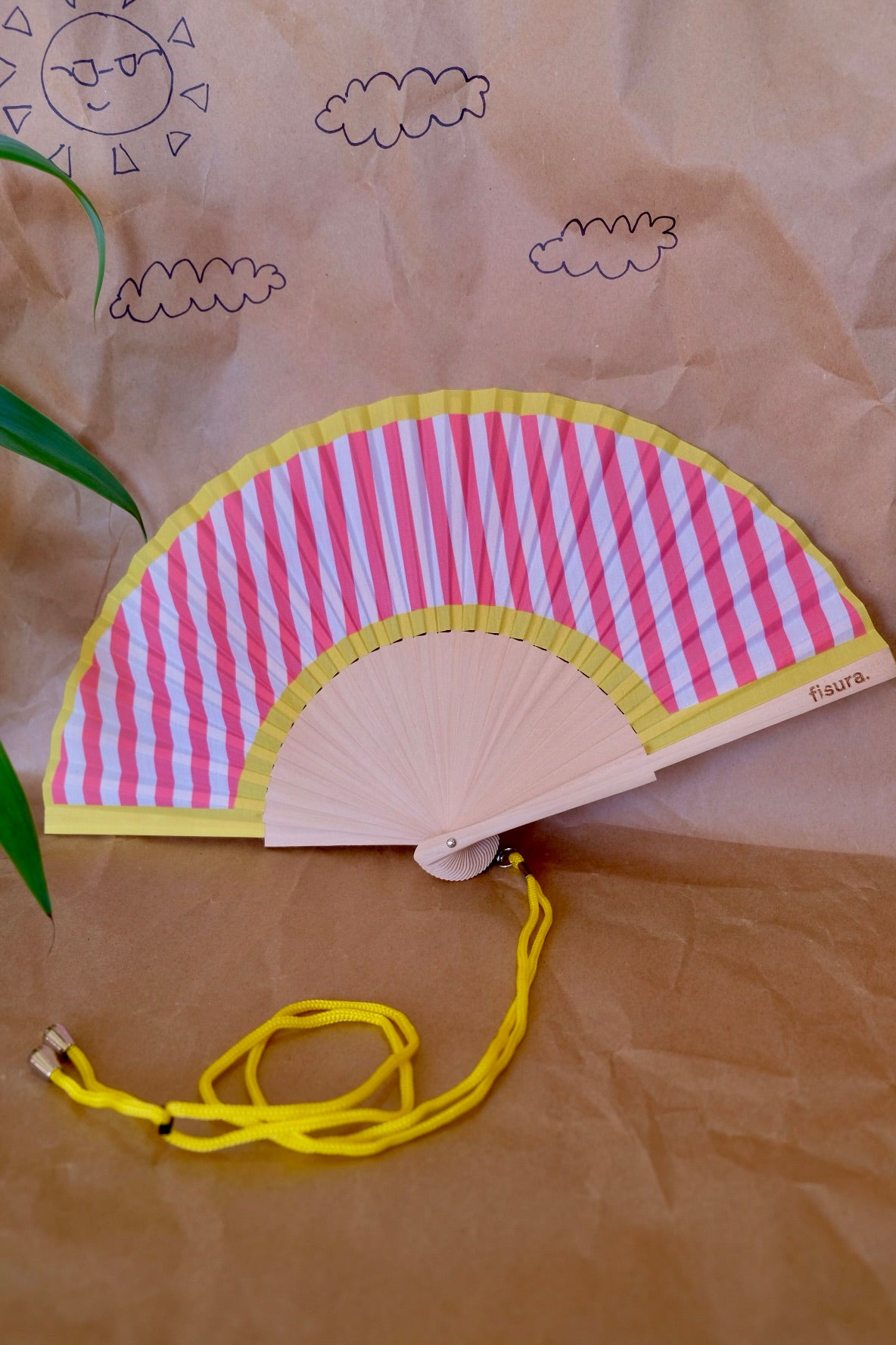 Folding Hand Fan - Yellow & Pink Stripes