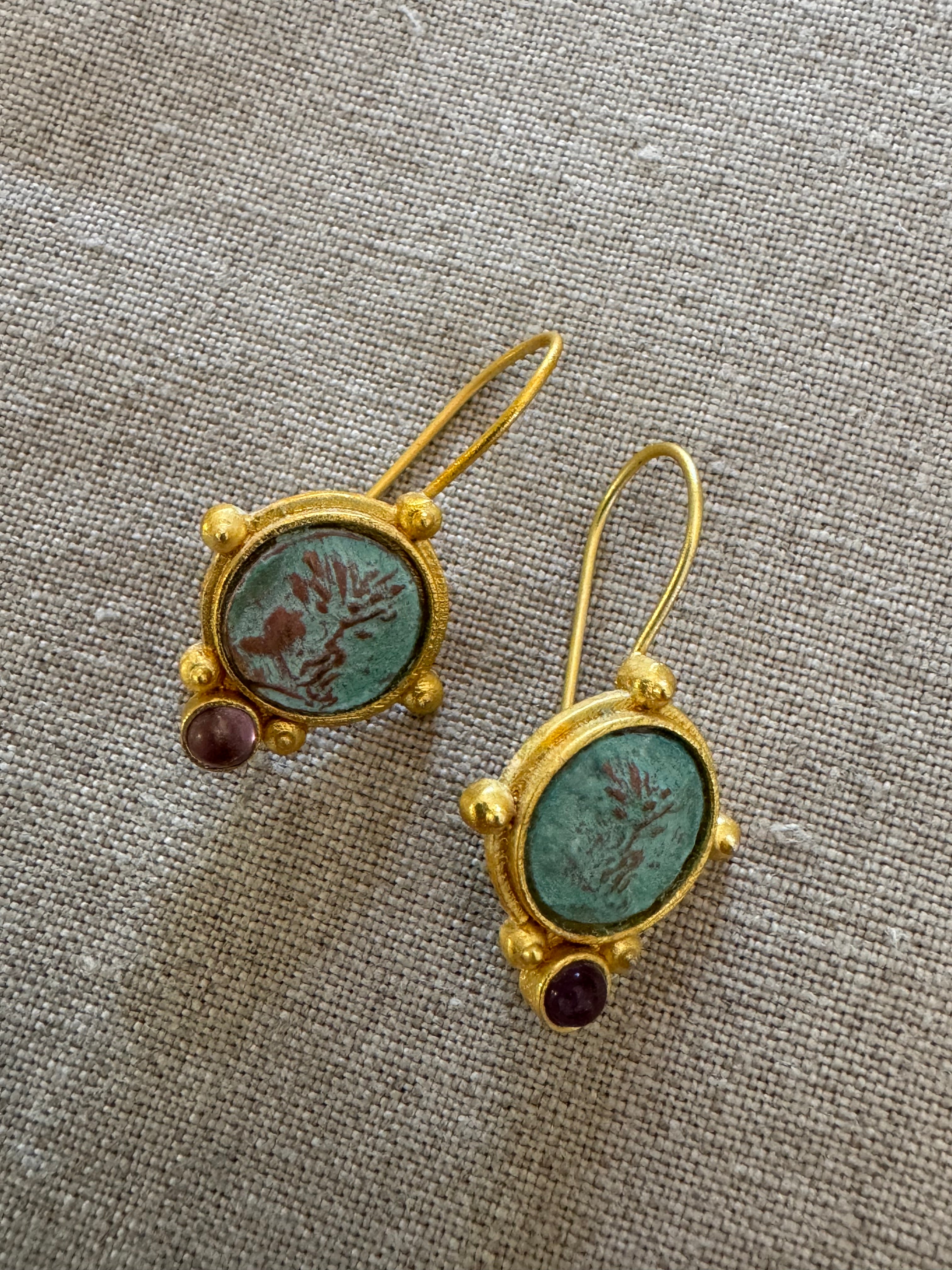 Roman Coin Gilded Bronze Earrings with Amethyst