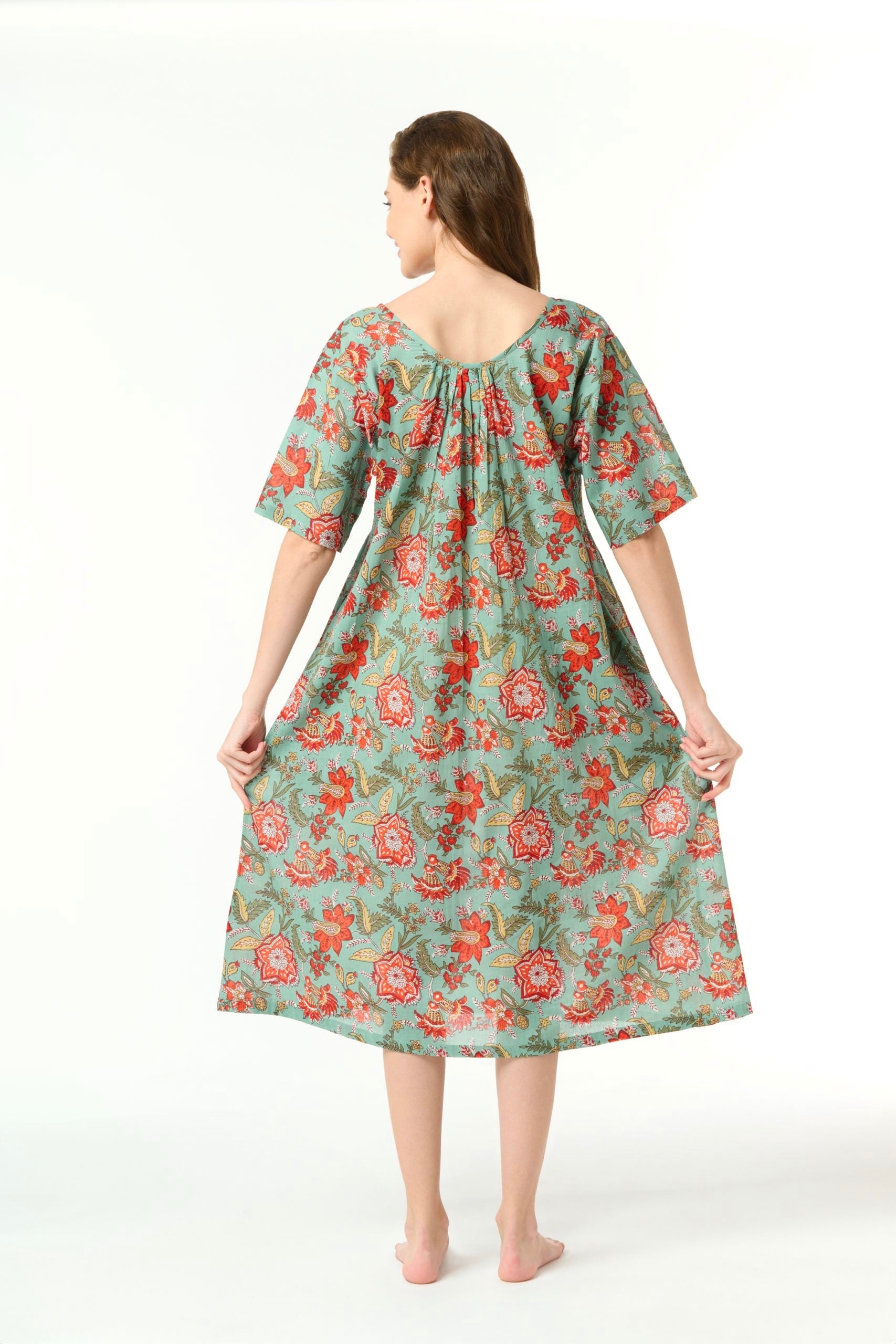 Hand Block Printed Shirred Nightie - Red Floral/Aqua Green