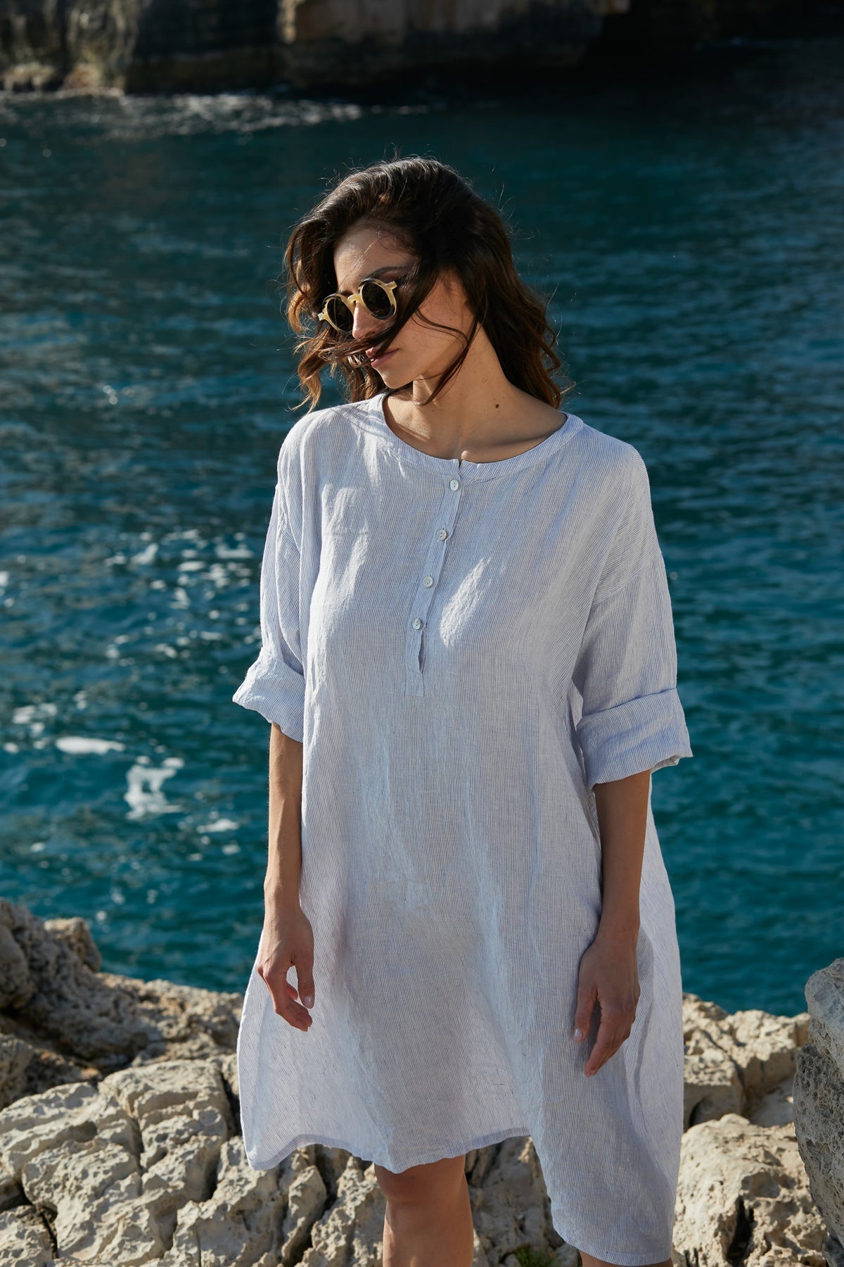 Noemi Dress Linen - Blue and White Pin Stripe