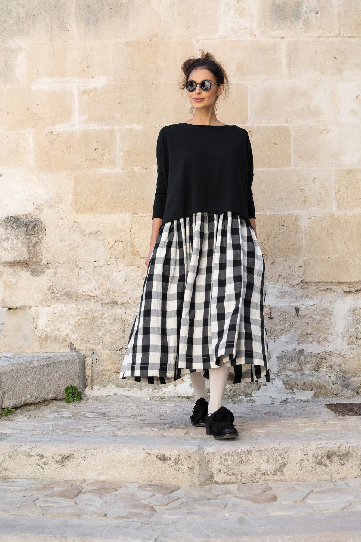 HIGH TEA SLIP DRESS LONG - COTTON CANVAS monochrome check