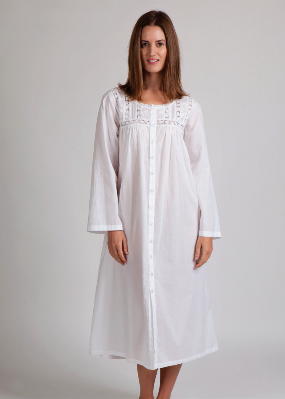 Long Sleeve Button through Nightie - white cotton lace