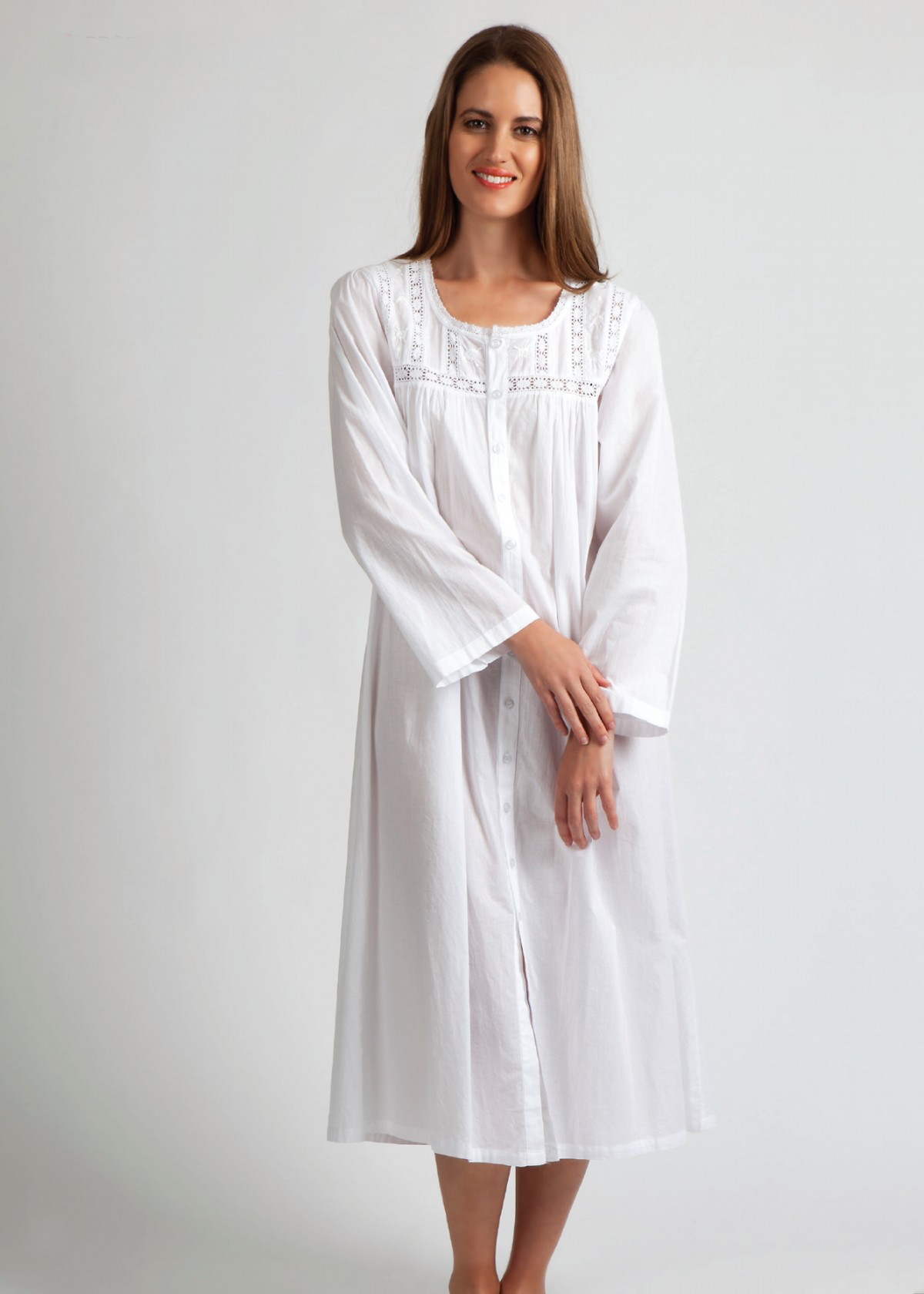 Long Sleeve Button through Nightie - white cotton lace