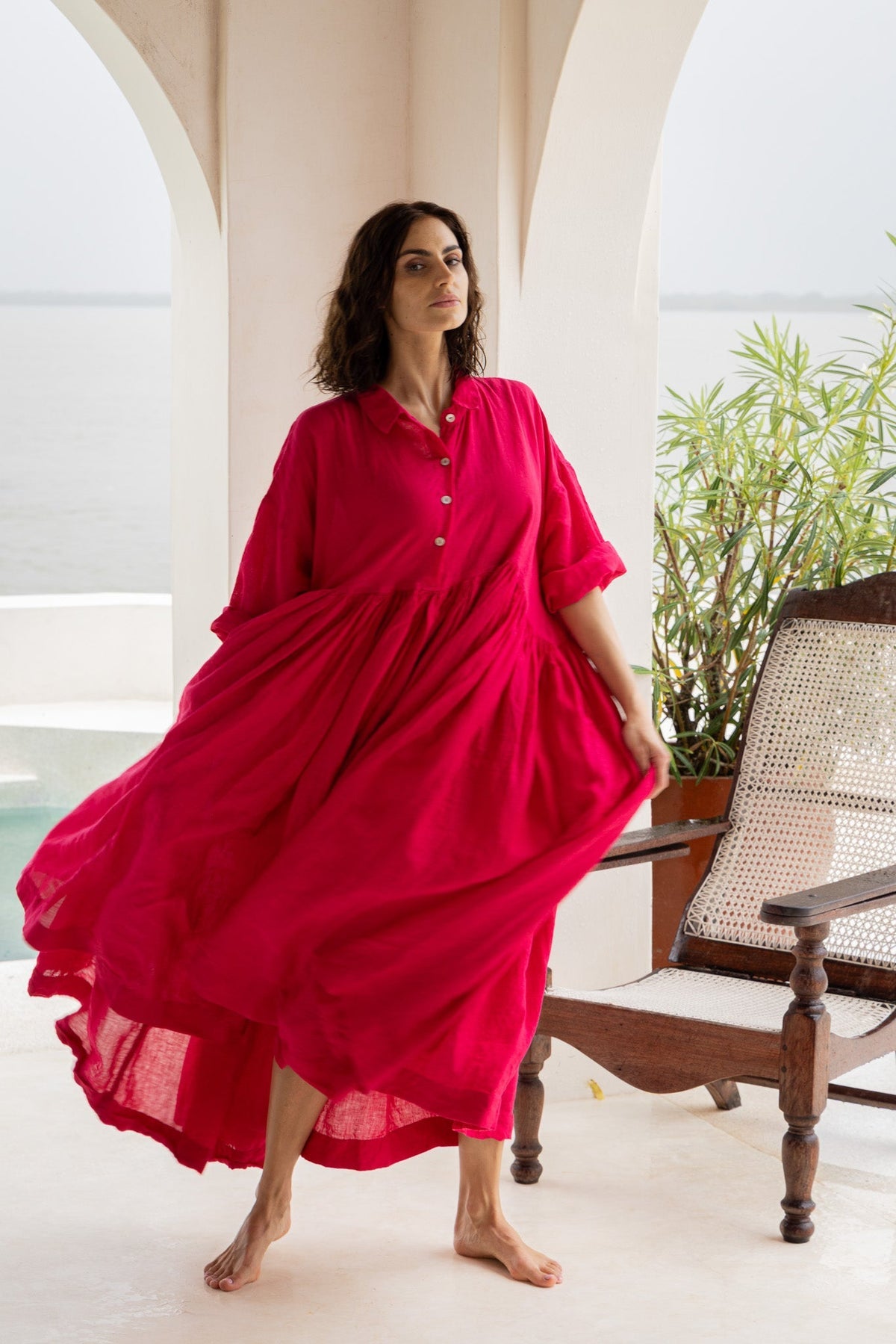 EDITH DRESS - linen - fuchsia