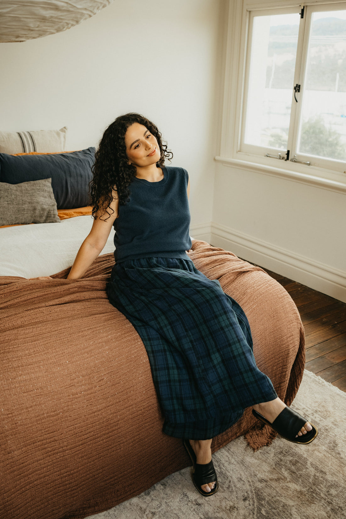 Freya French Linen Pants in Blue Tartan