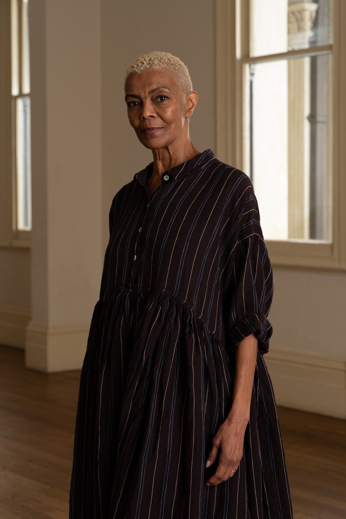 Edith Dress - Linen brown stripe