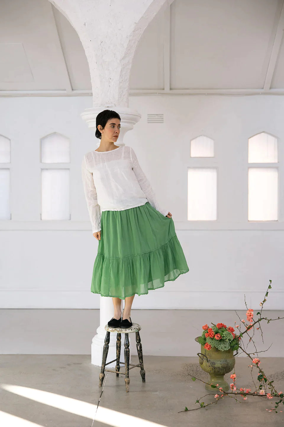 Milly Tiered Skirt Cotton Voile - Matcha