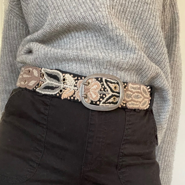 Monochrome embroidered wool Belt -  black/tan