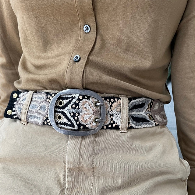 Monochrome embroidered wool Belt -  black/tan
