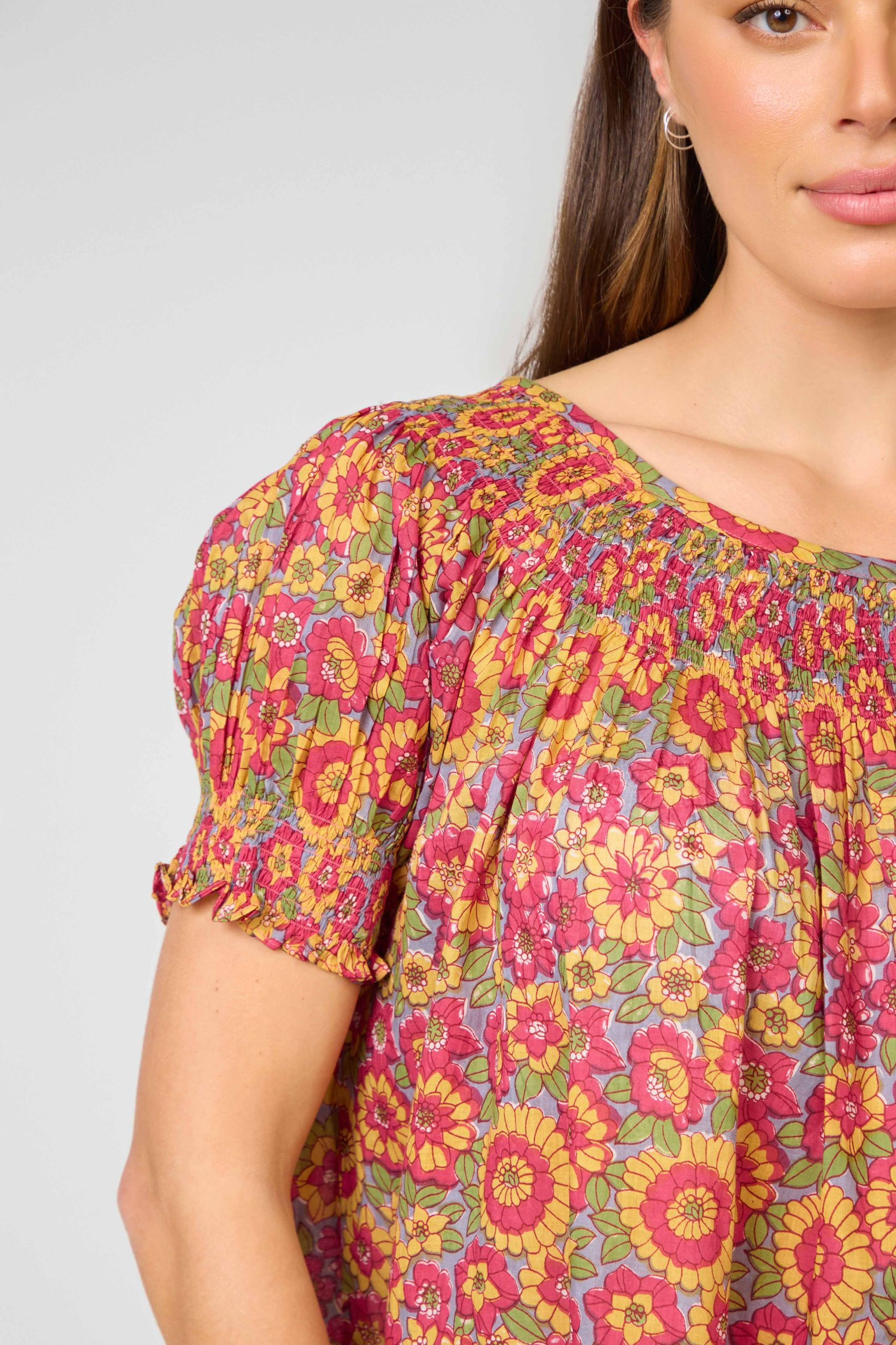 Shirred Bodice Short Sleeve Nightie - yellow/red flower