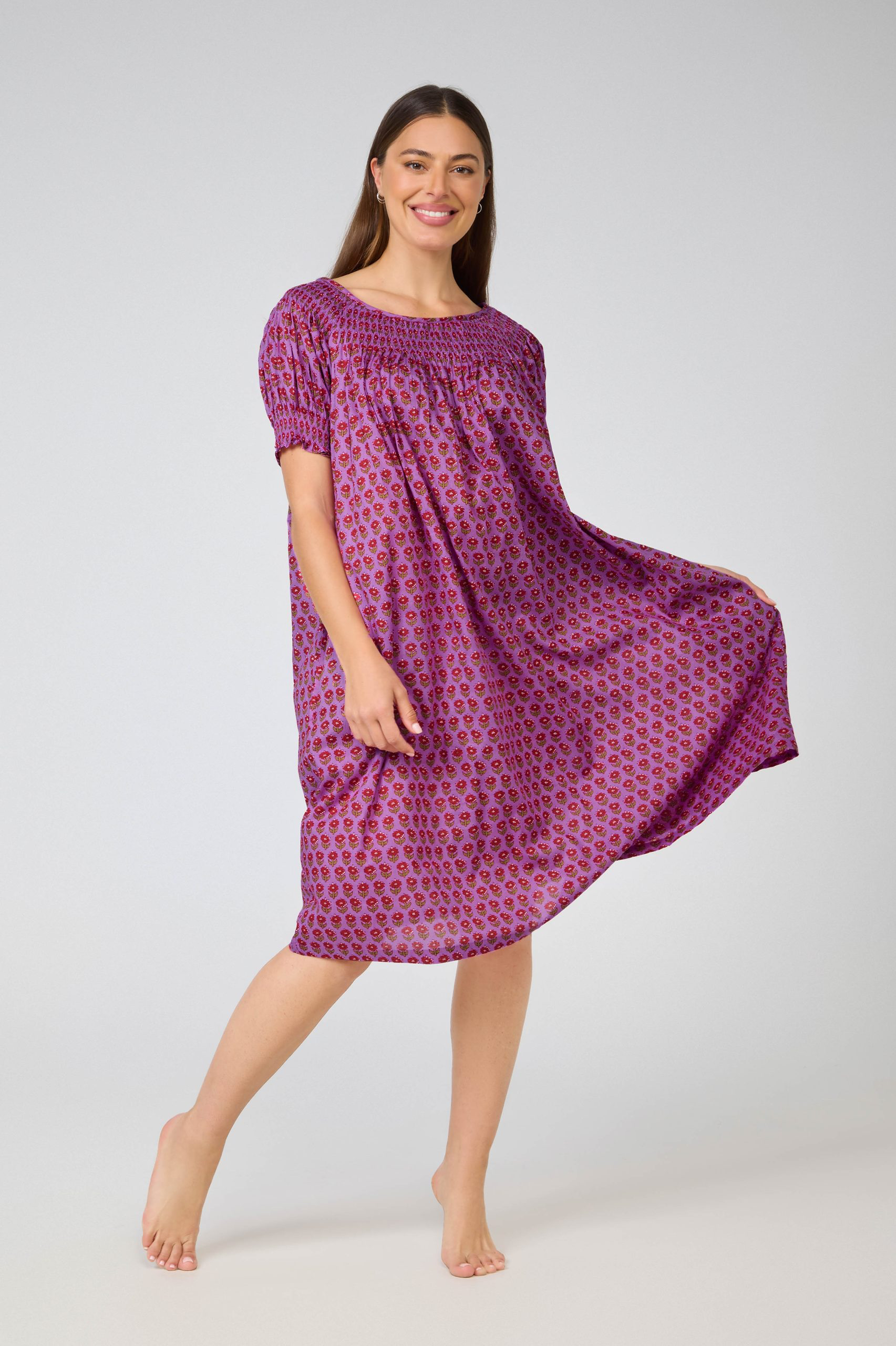 Shirred Bodice Short Sleeve Nightie - purple/red flower
