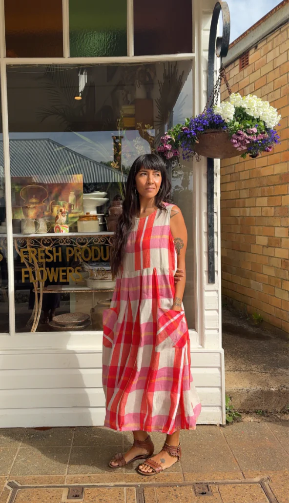 Sartene Linen Dress in Orange Check