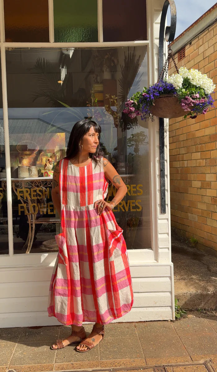 Sartene Linen Dress in Orange Check