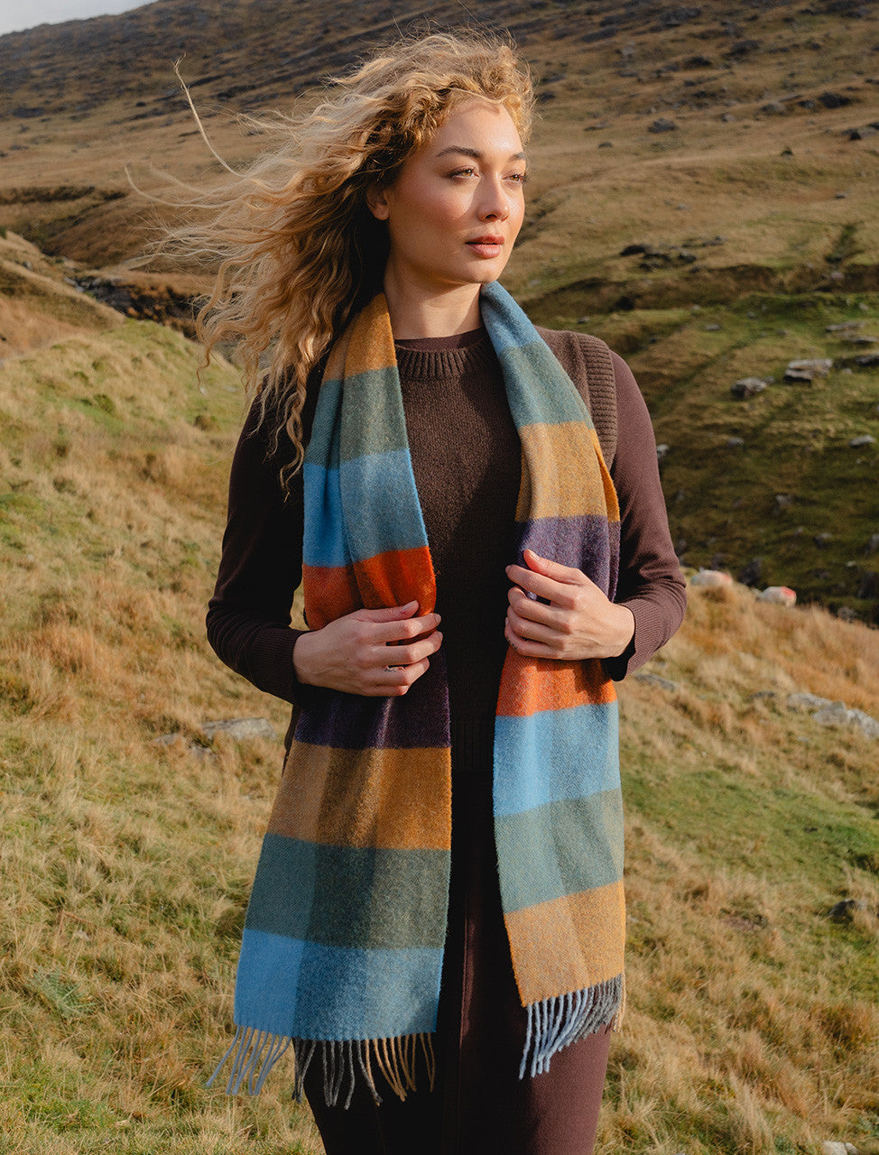 Lambswool Checked Scarf - Mustard Blue & Orange