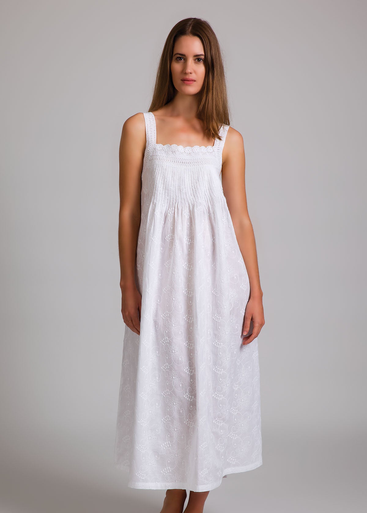 White Pin Tucked Lace Nightie with Embroidery