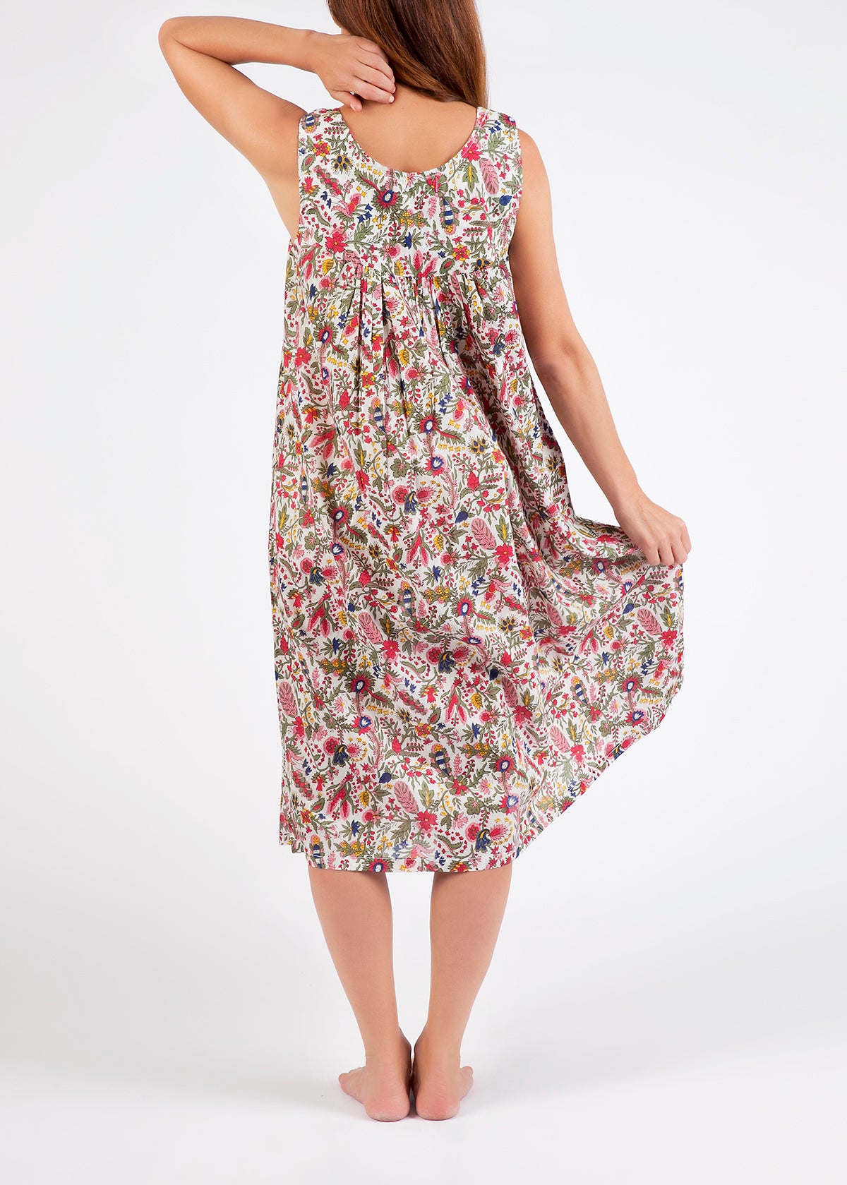 Hand Block Printed V Neck Nightie laced - Pink/Red Floral
