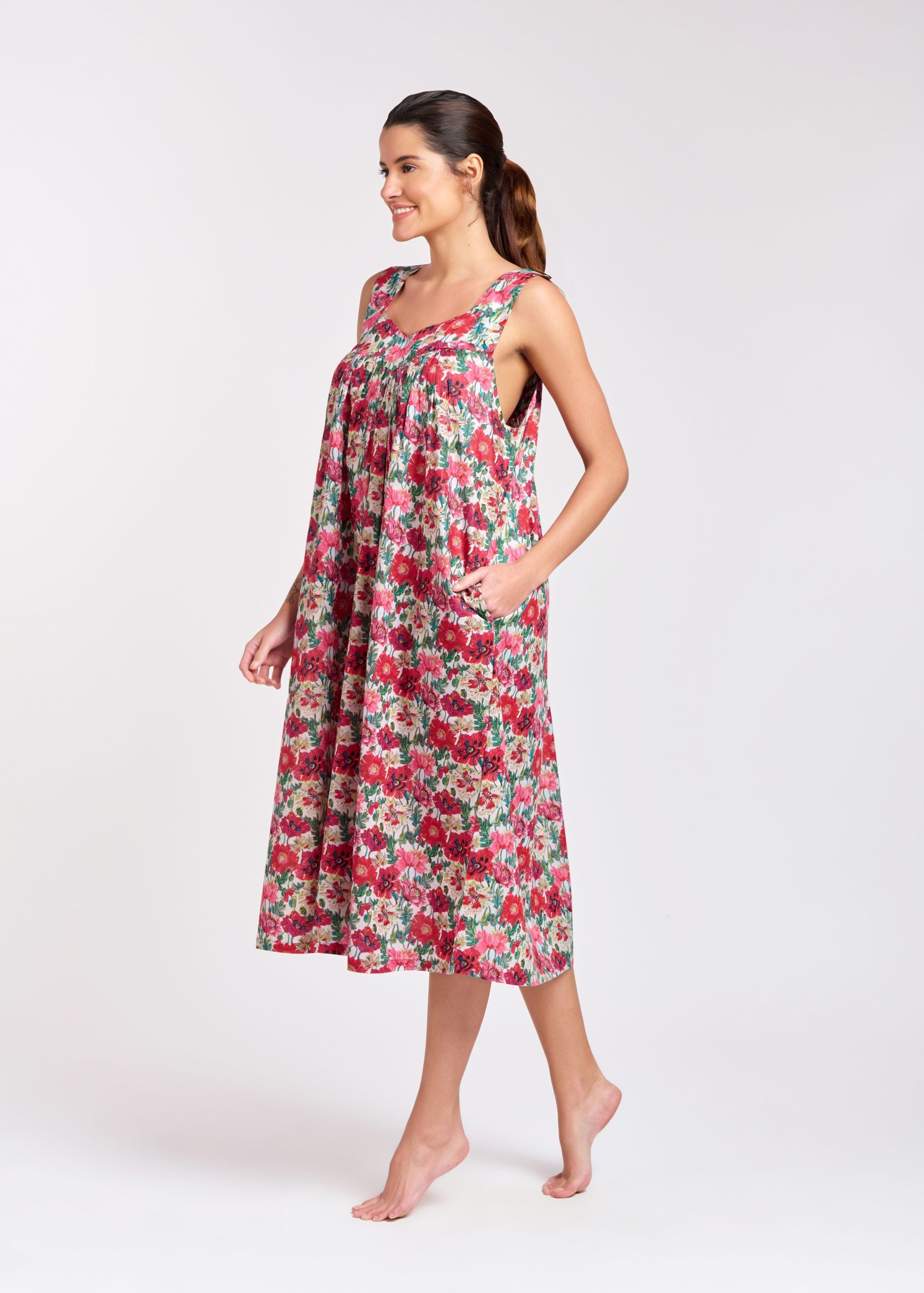 Hand Block Printed V-Neck Nightie - Red Flower Floral