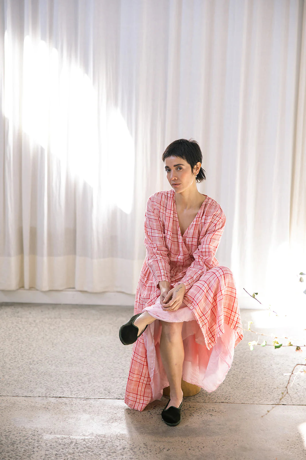 Amilie Wrap Dress - Red & Pink Check Linen
